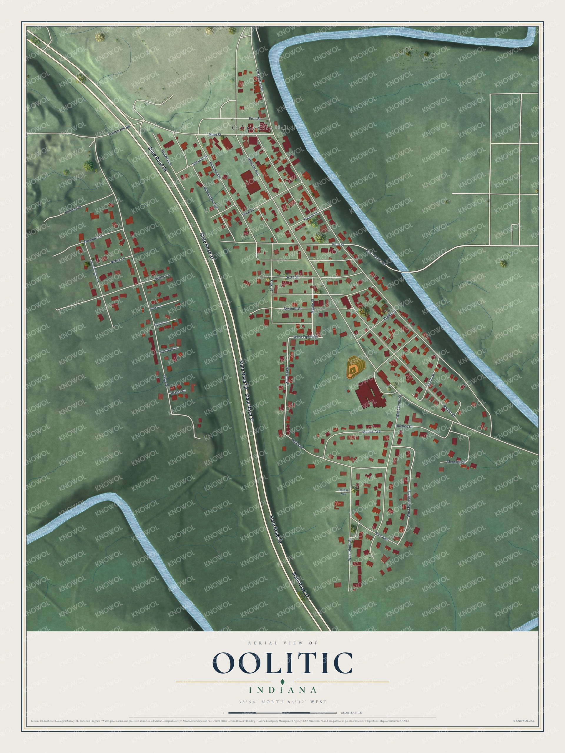 Full map of Oolitic, Indiana, with red buildings, printed street names and the land around them