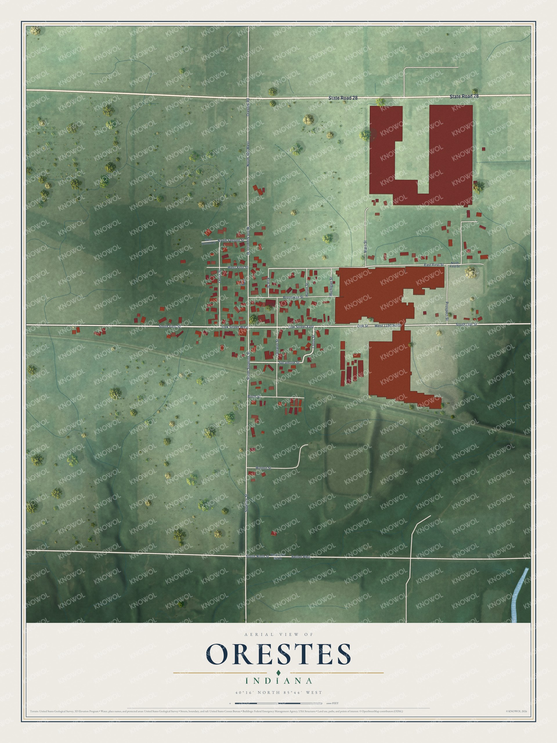 Full map of Orestes, Indiana, with red buildings, printed street names and the land around them
