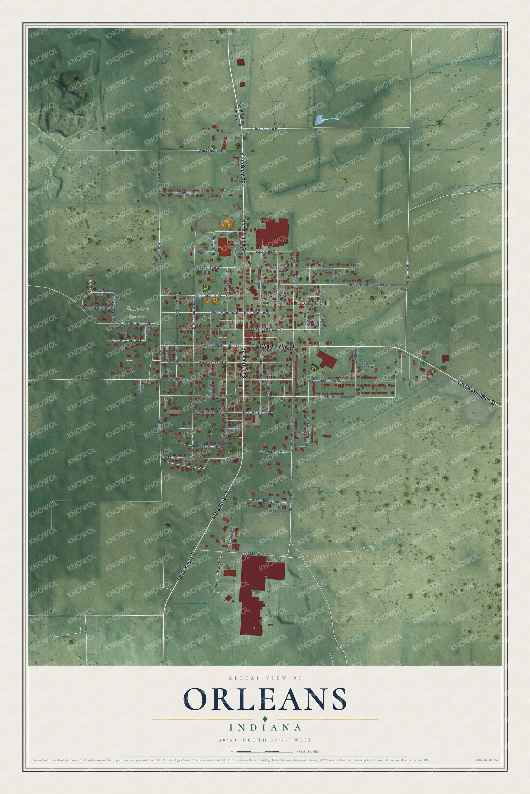 Full map of Orleans, Indiana, with red buildings, printed street names and the land around them