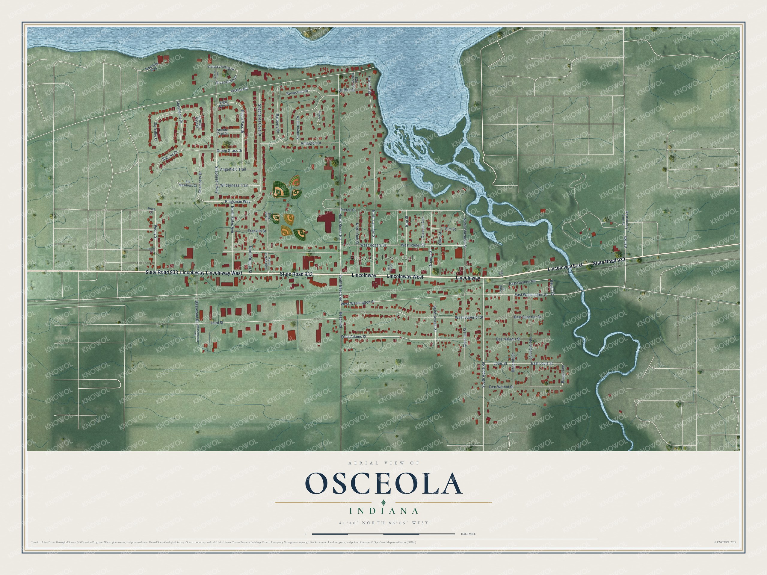 Full map of Osceola, Indiana, with red buildings, printed street names and the land around them