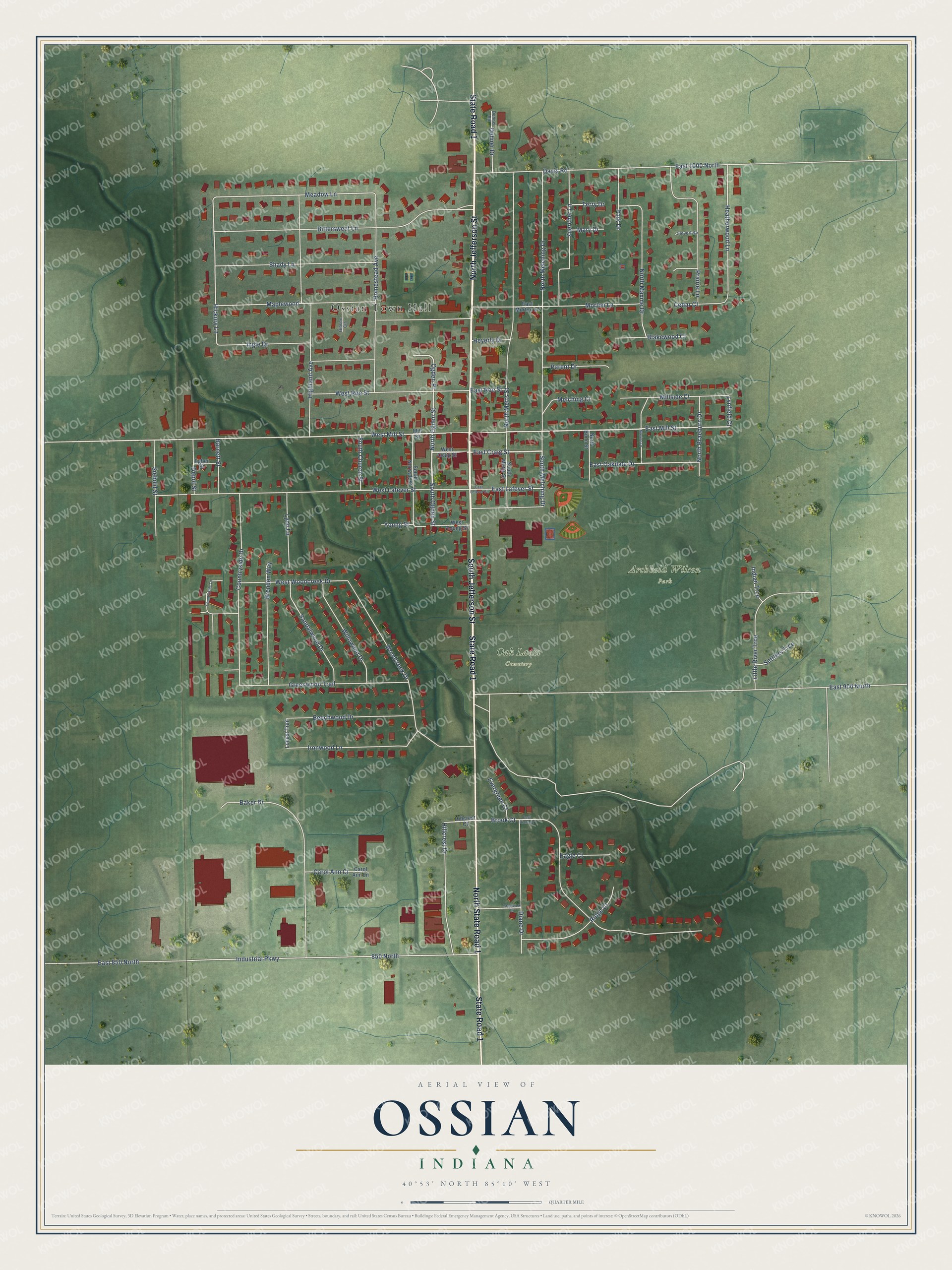 Full map of Ossian, Indiana, with red buildings, printed street names and the land around them