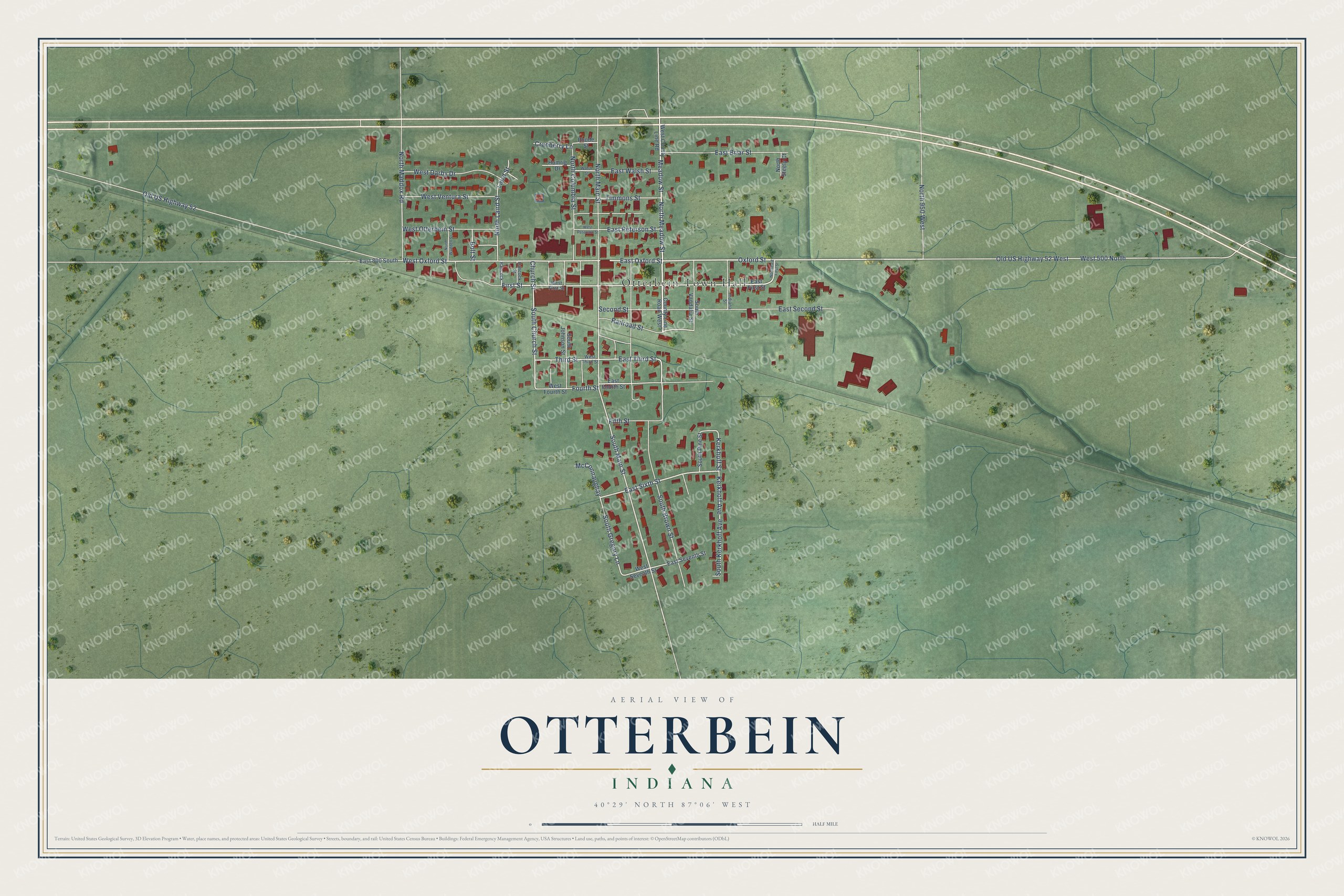 Full map of Otterbein, Indiana, with red buildings, printed street names and the land around them