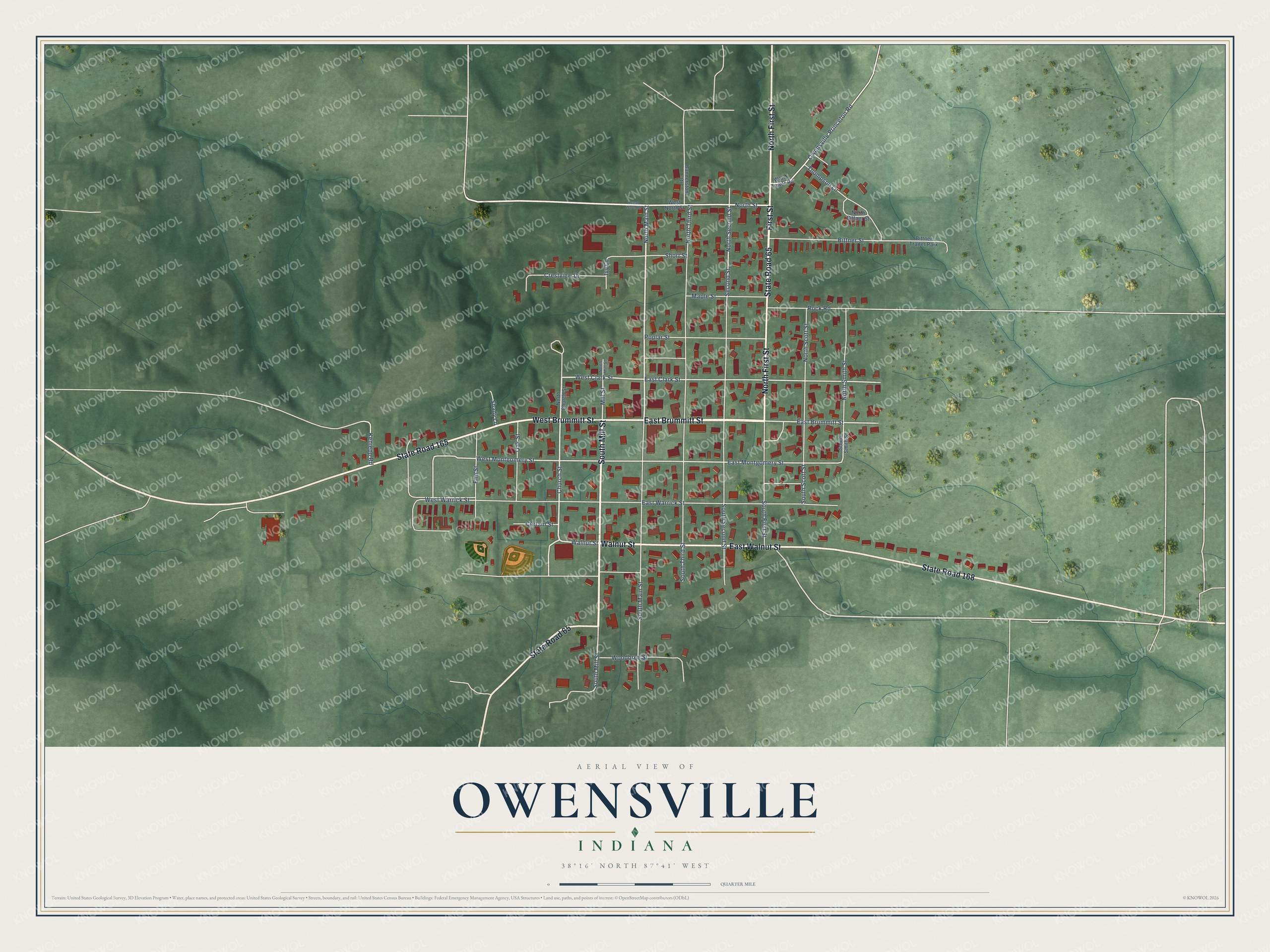 Full map of Owensville, Indiana, with red buildings, printed street names and the land around them