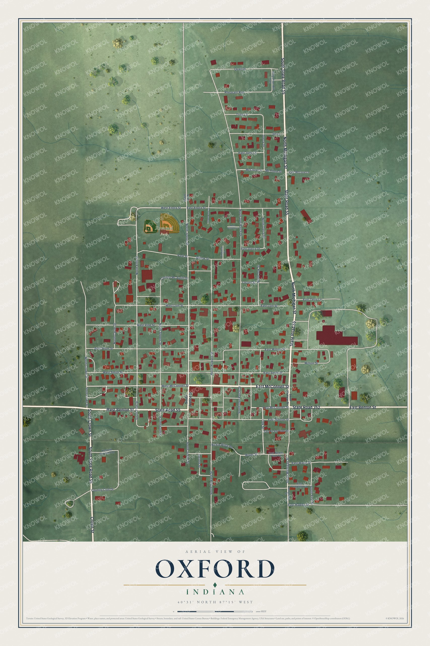 Full map of Oxford, Indiana, with red buildings, printed street names and the land around them