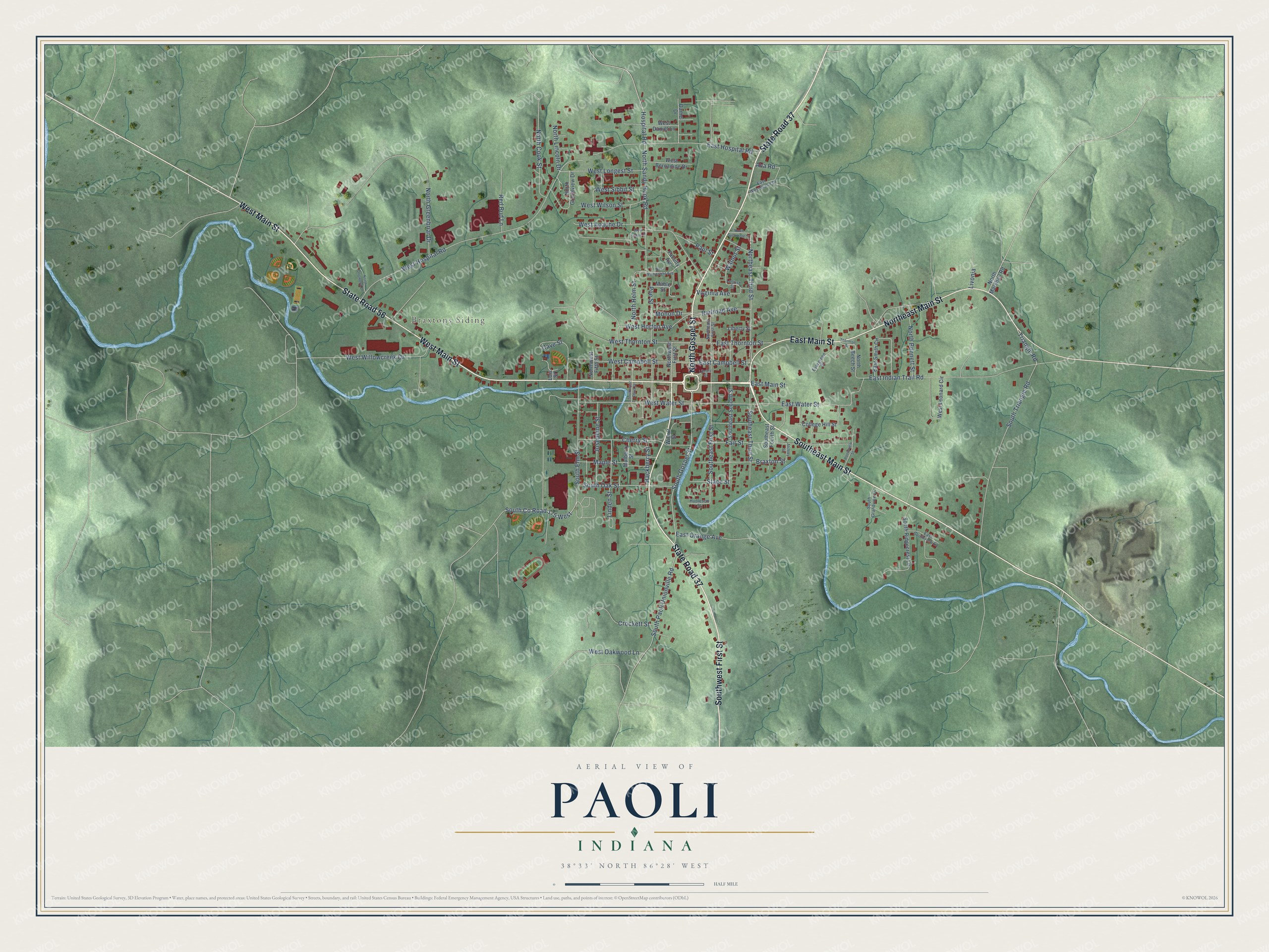 Full map of Paoli, Indiana, with red buildings, printed street names and the land around them