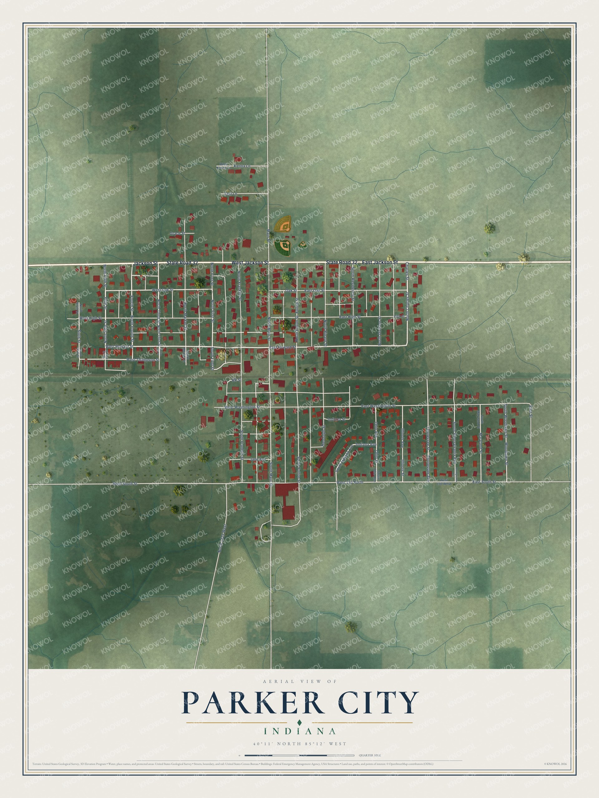 Full map of Parker City, Indiana, with red buildings, printed street names and the land around them