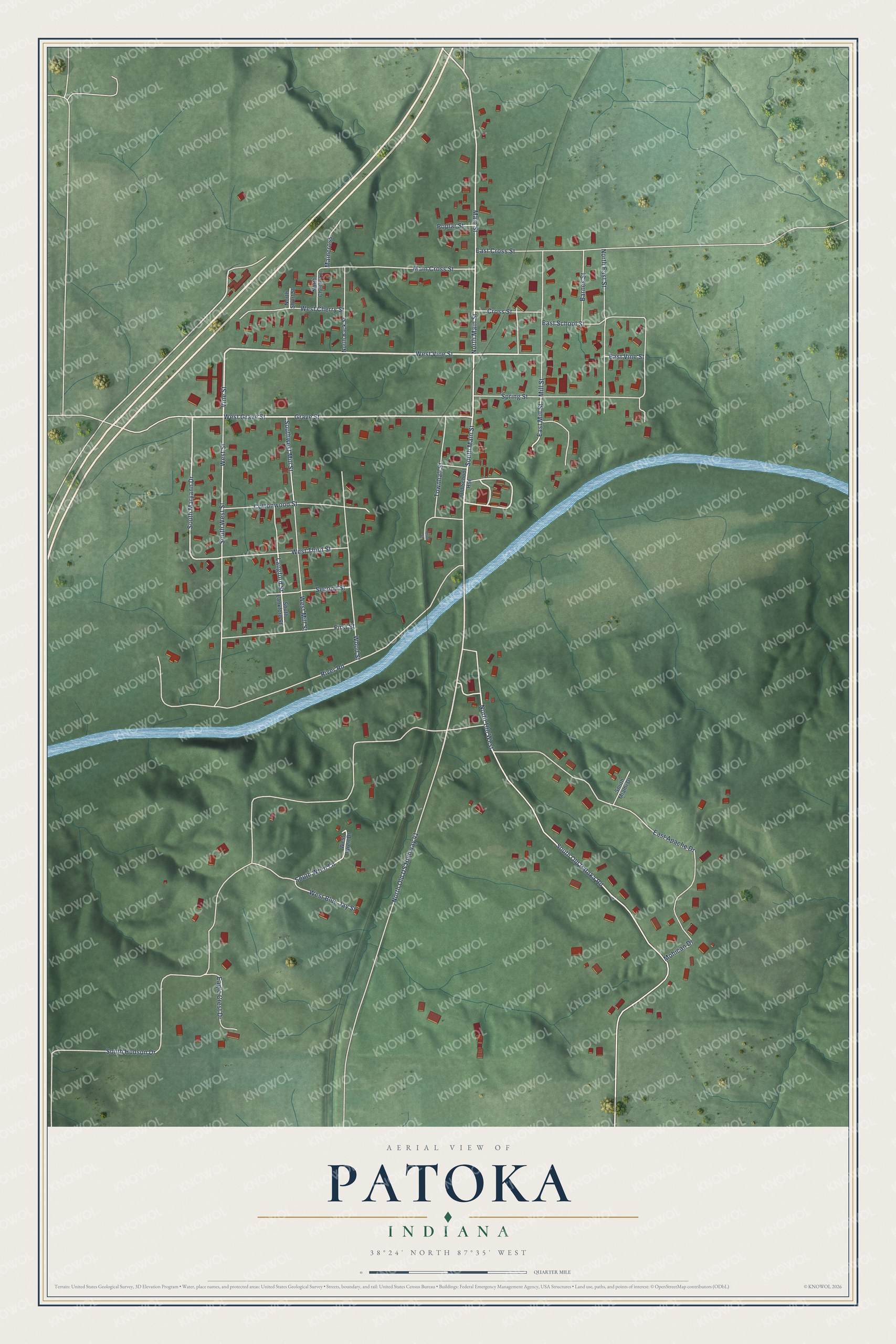 Full map of Patoka, Indiana, with red buildings, printed street names and the land around them