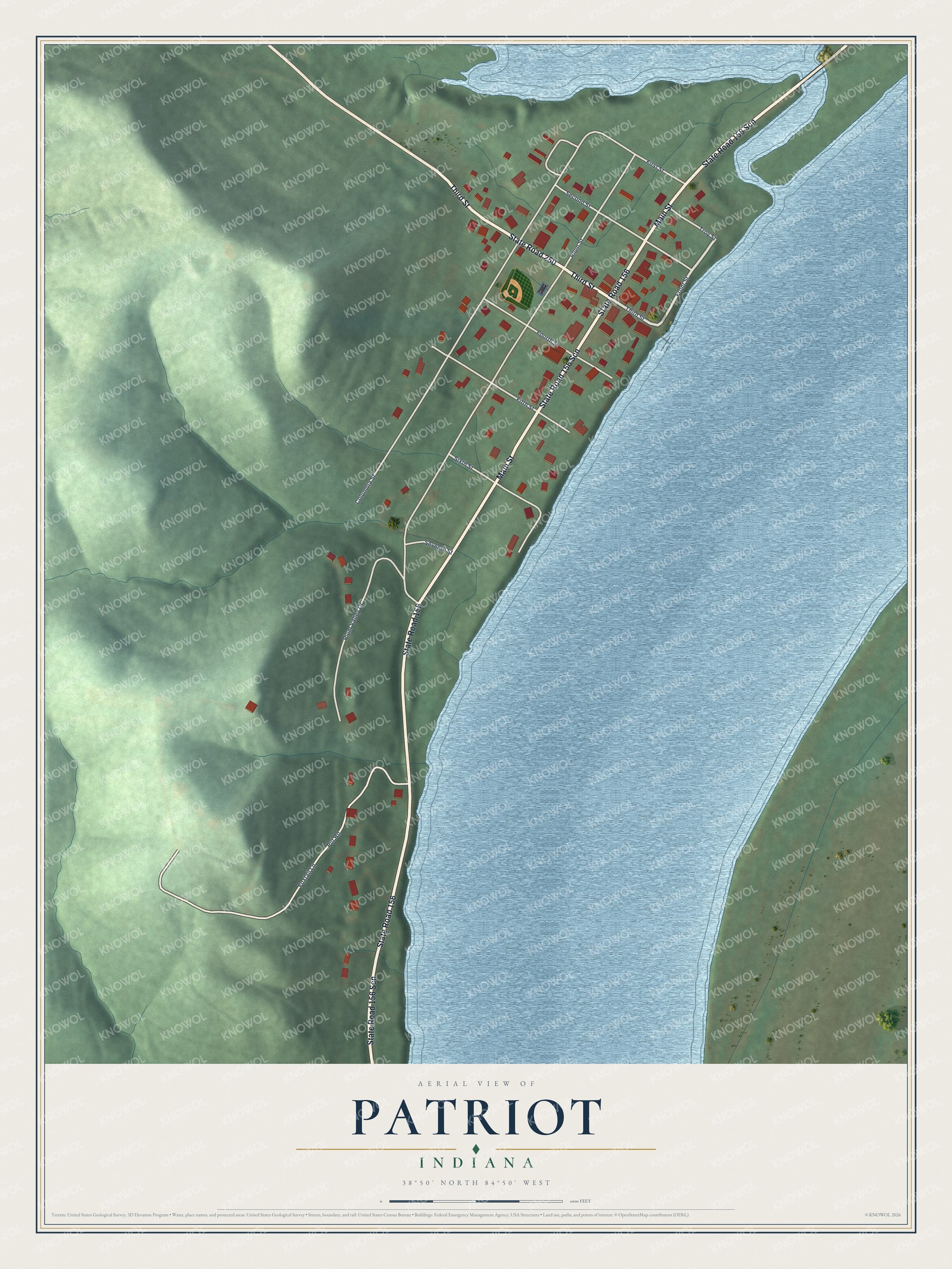 Full map of Patriot, Indiana, with red buildings, printed street names and the land around them