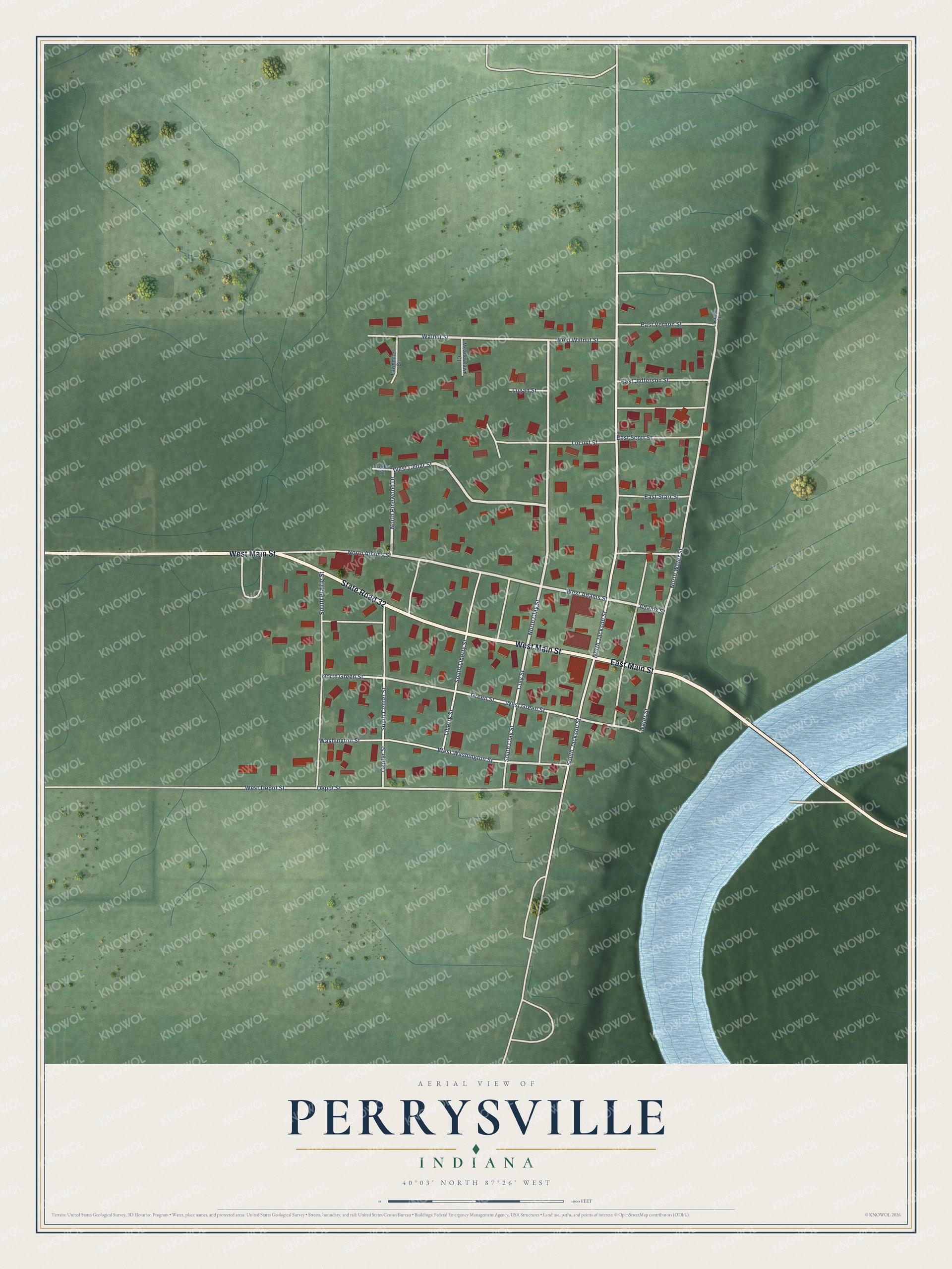 Full map of Perrysville, Indiana, with red buildings, printed street names and the land around them