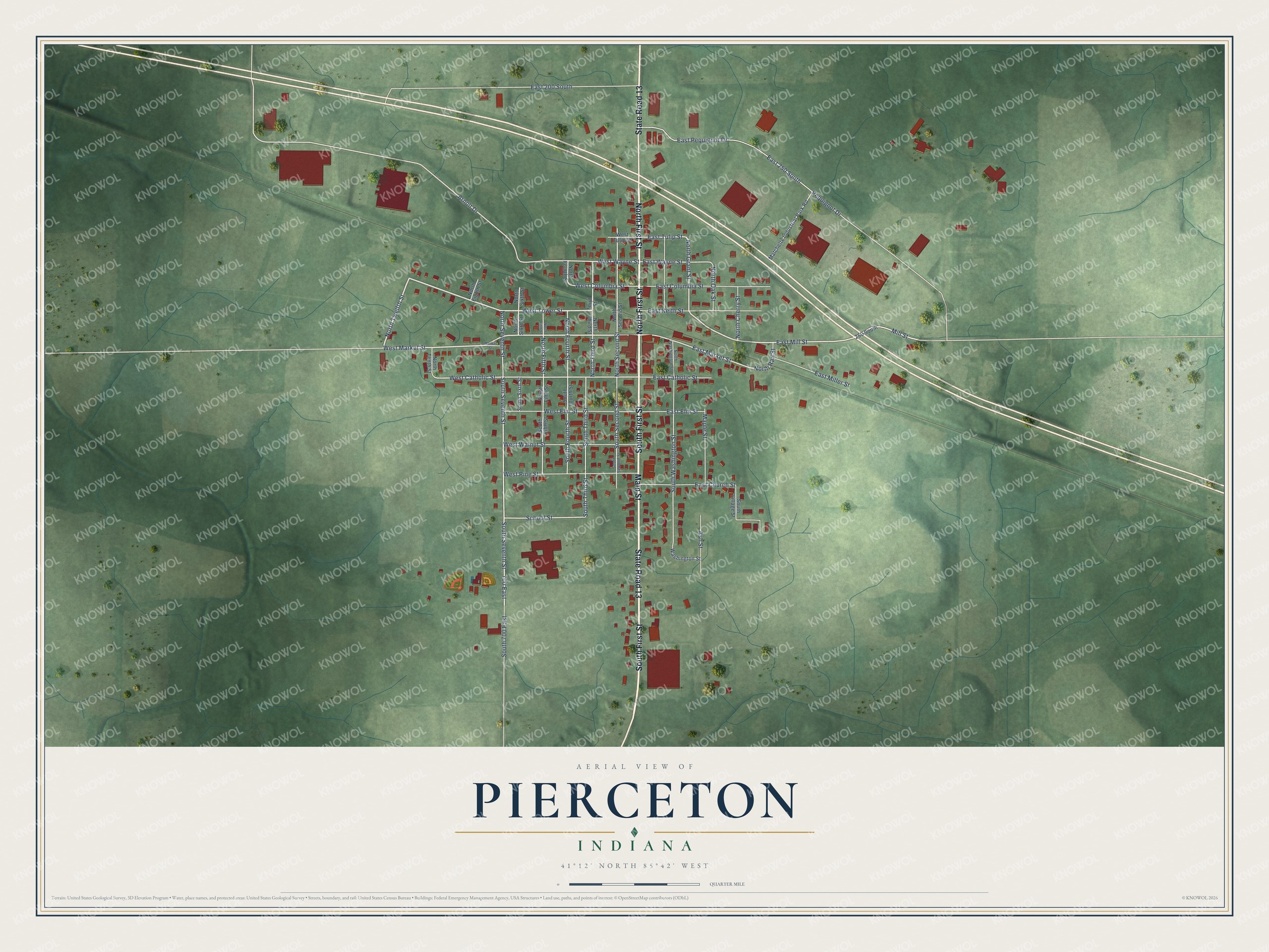 Full map of Pierceton, Indiana, with red buildings, printed street names and the land around them