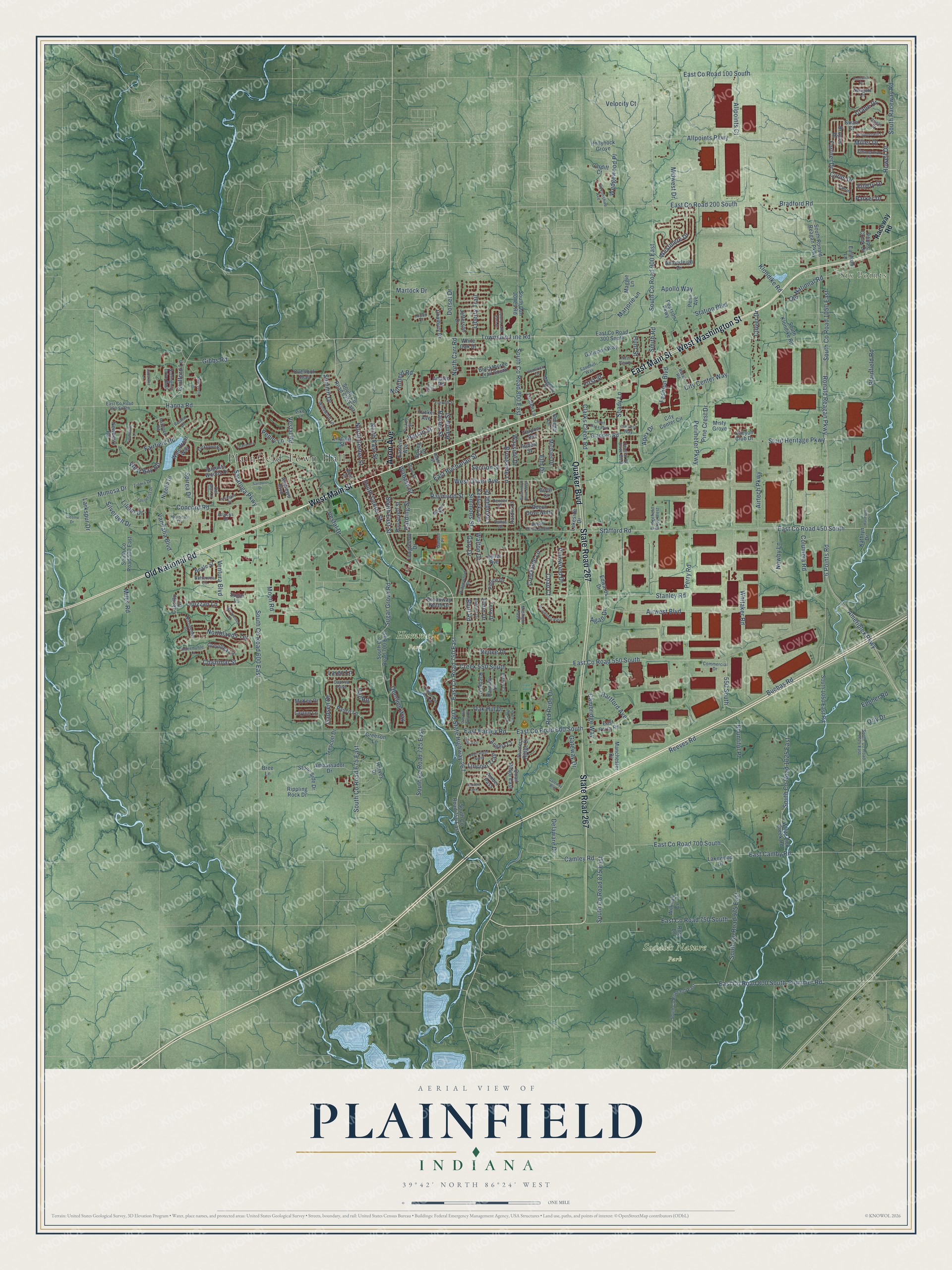 Full map of Plainfield, Indiana, with red buildings, printed street names and the land around them