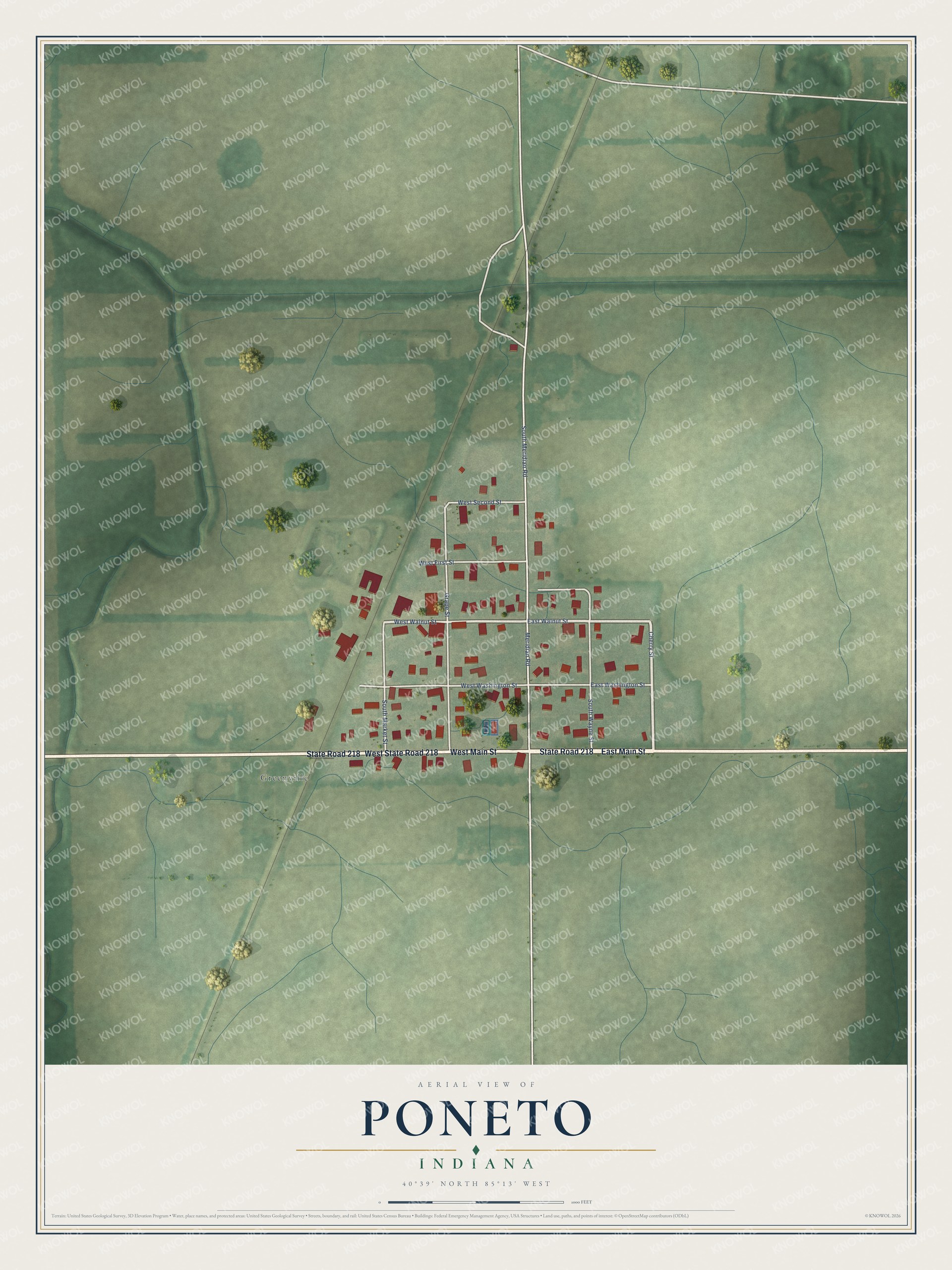 Full map of Poneto, Indiana, with red buildings, printed street names and the land around them
