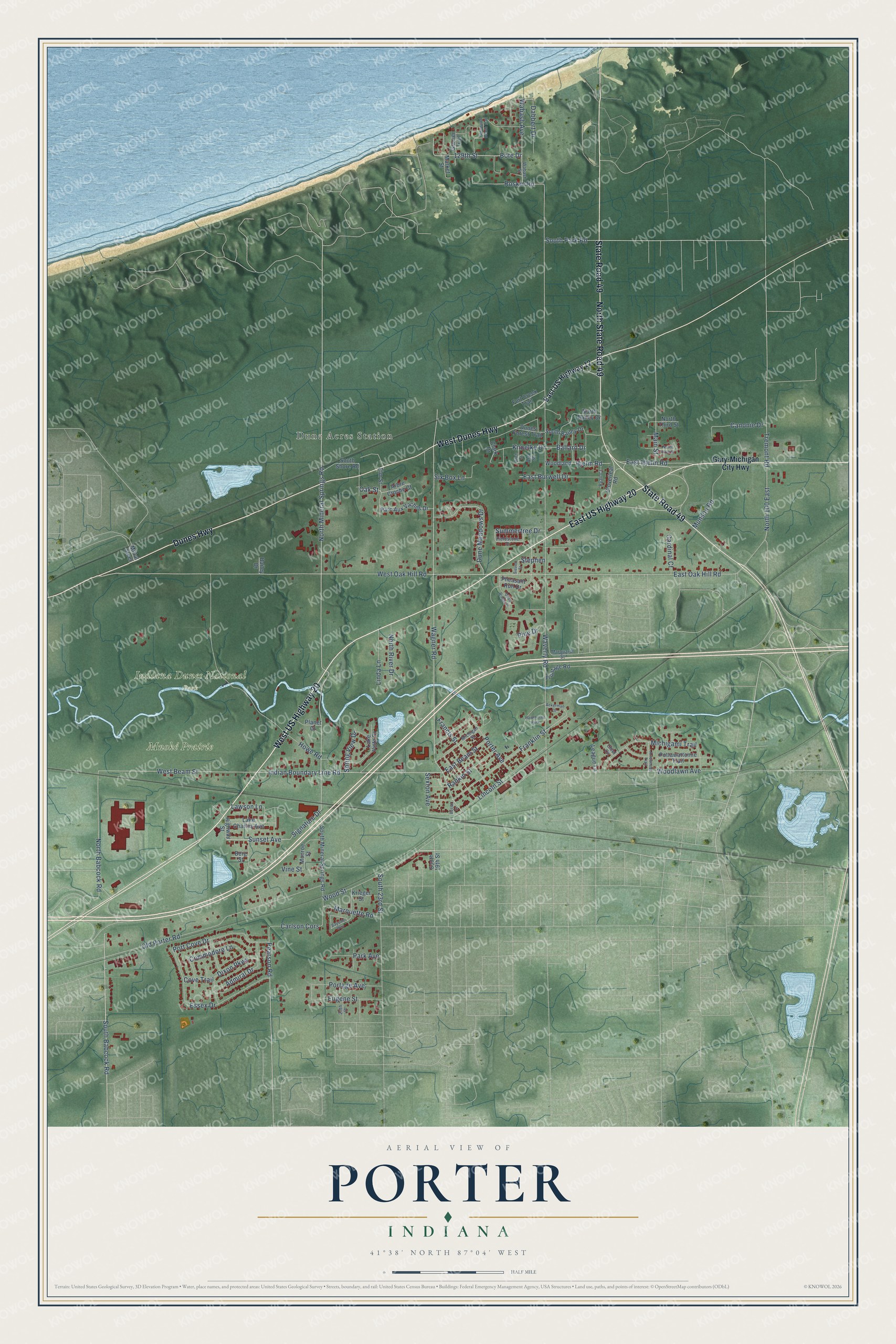 Full map of Porter, Indiana, with red buildings, printed street names and the land around them