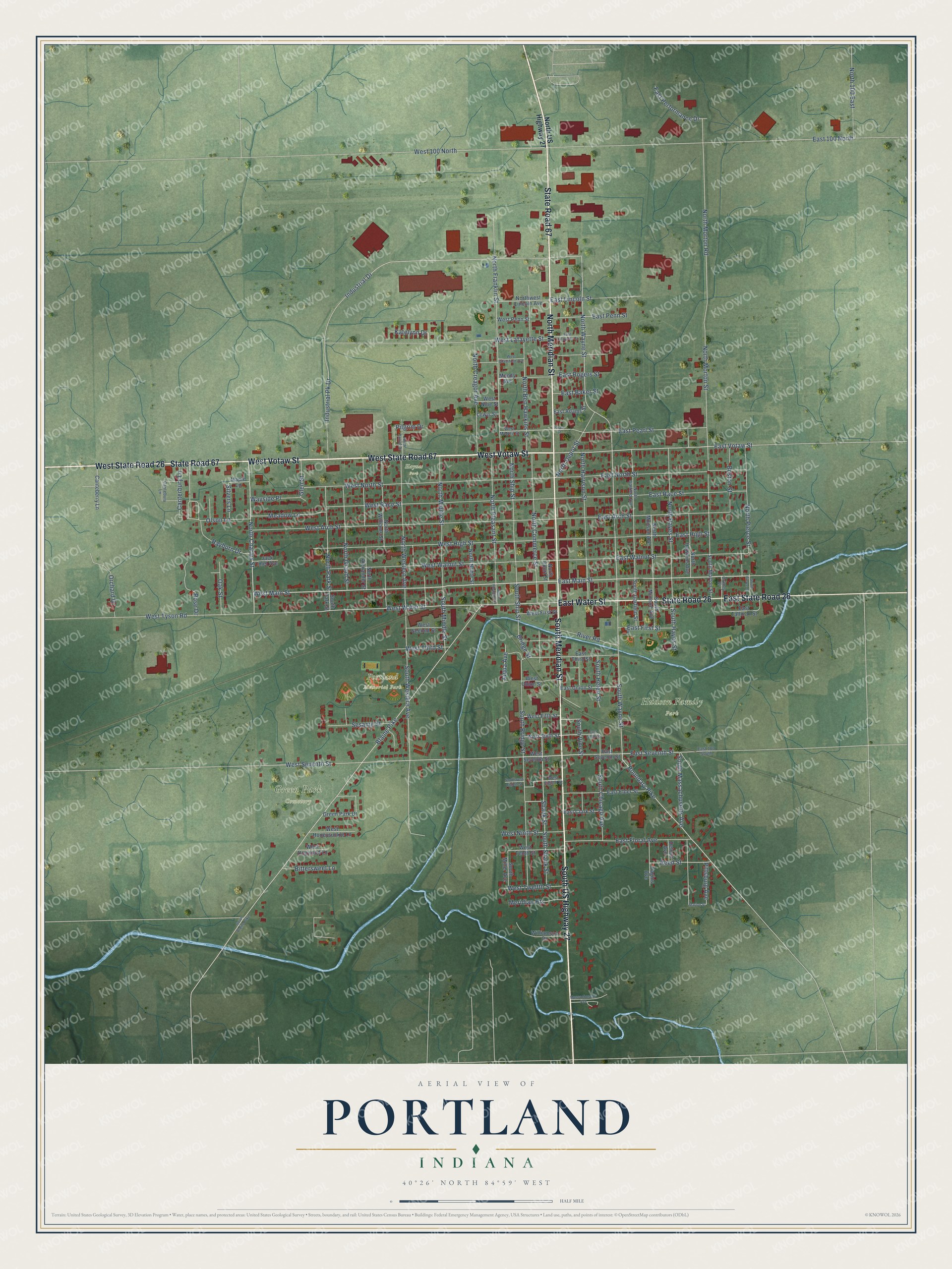 Full map of Portland, Indiana, with red buildings, printed street names and the land around them