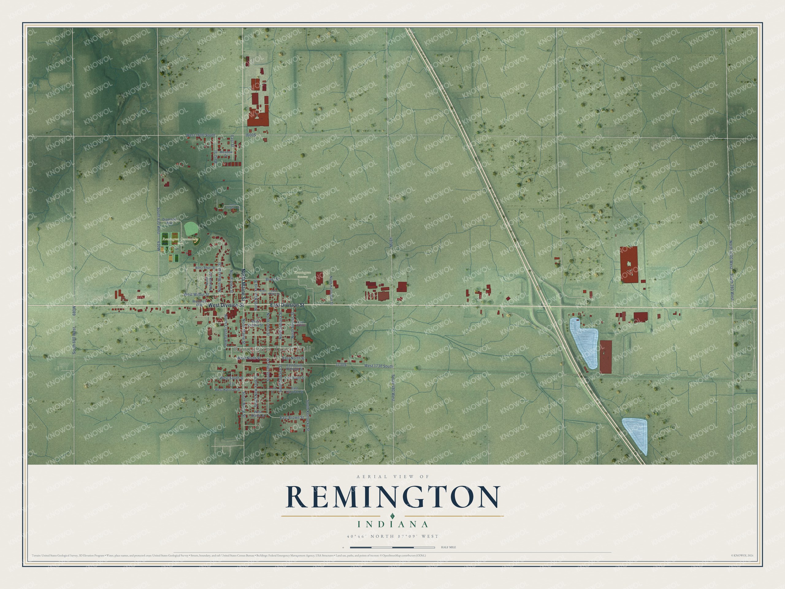 Full map of Remington, Indiana, with red buildings, printed street names and the land around them