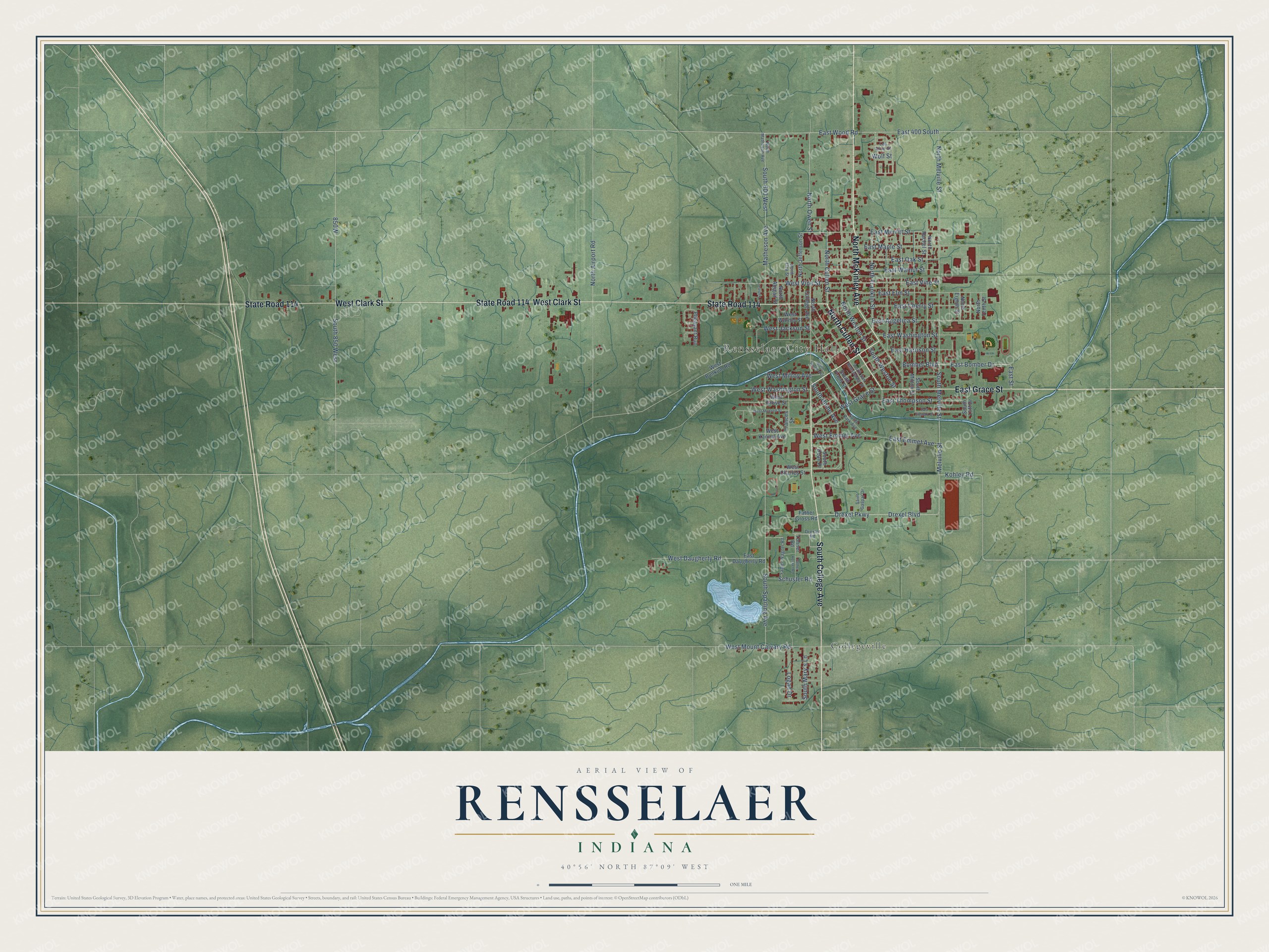 Full map of Rensselaer, Indiana, with red buildings, printed street names and the land around them