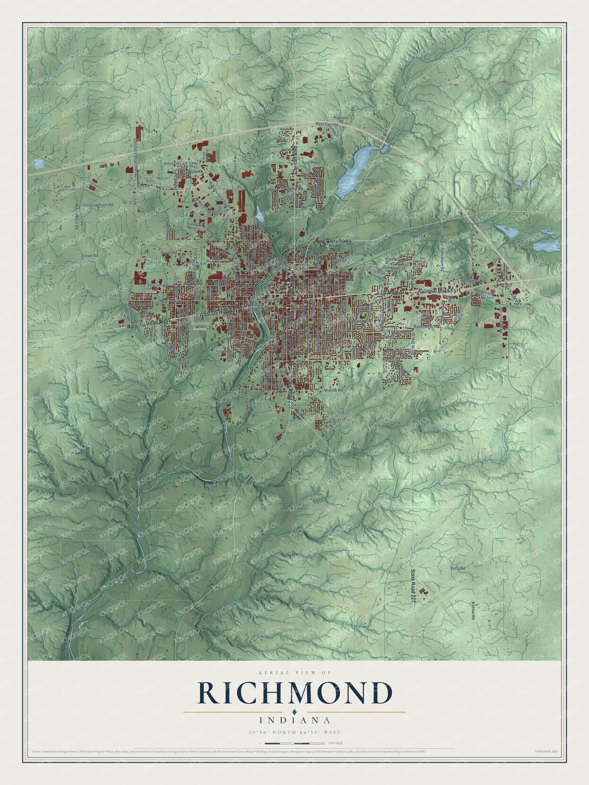 Full map of Richmond, Indiana, with red buildings, printed street names and the land around them