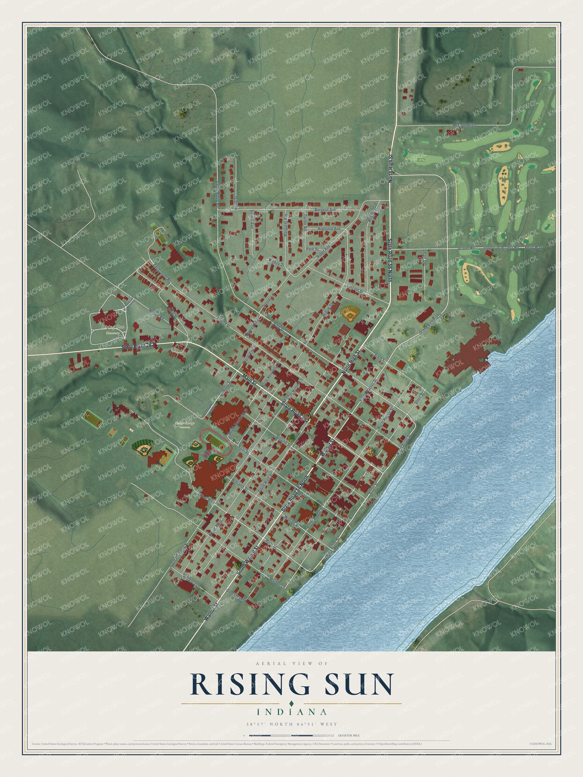 Full map of Rising Sun, Indiana, with red buildings, printed street names and the land around them