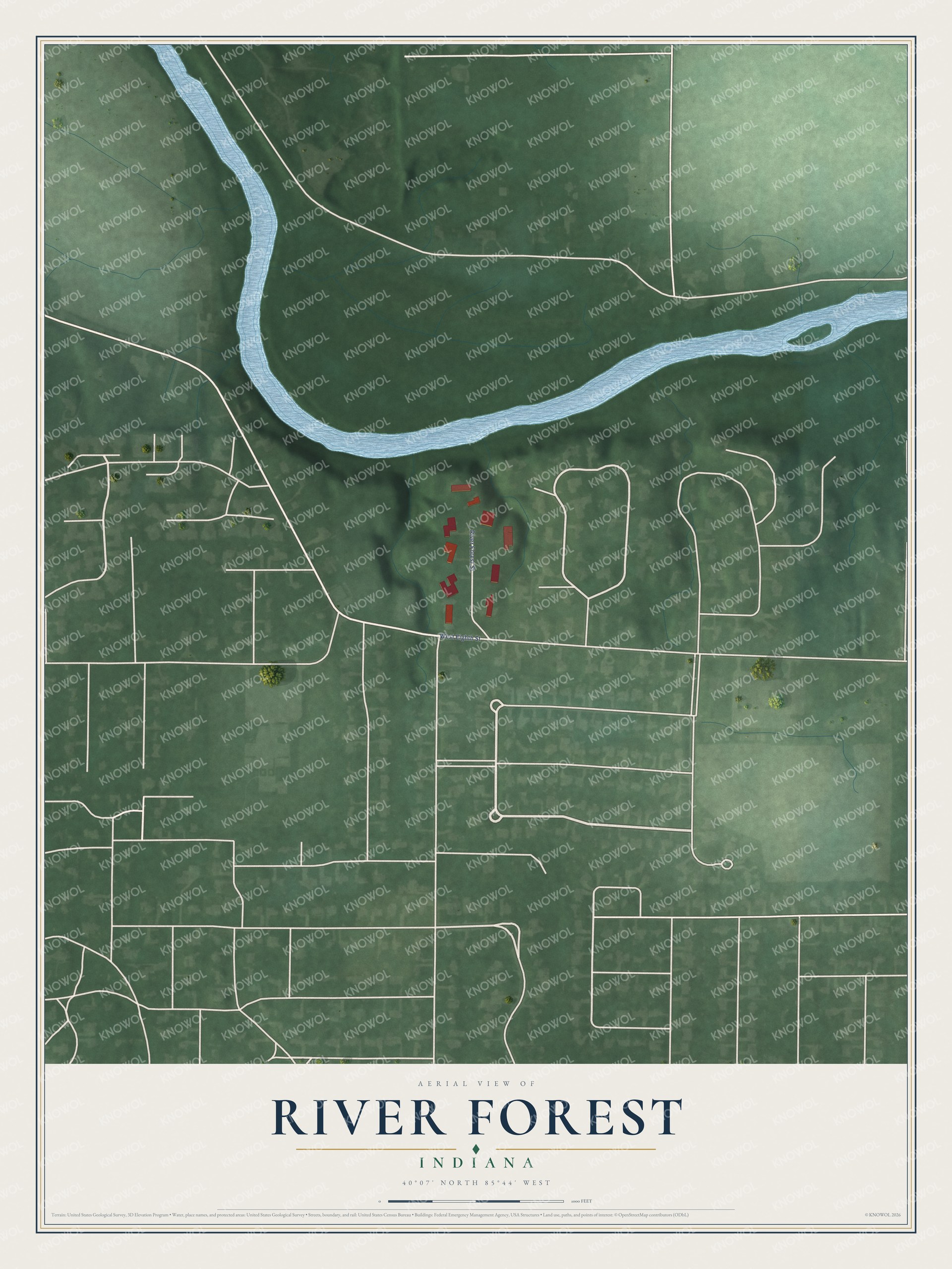 Full map of River Forest, Indiana, with red buildings, printed street names and the land around them