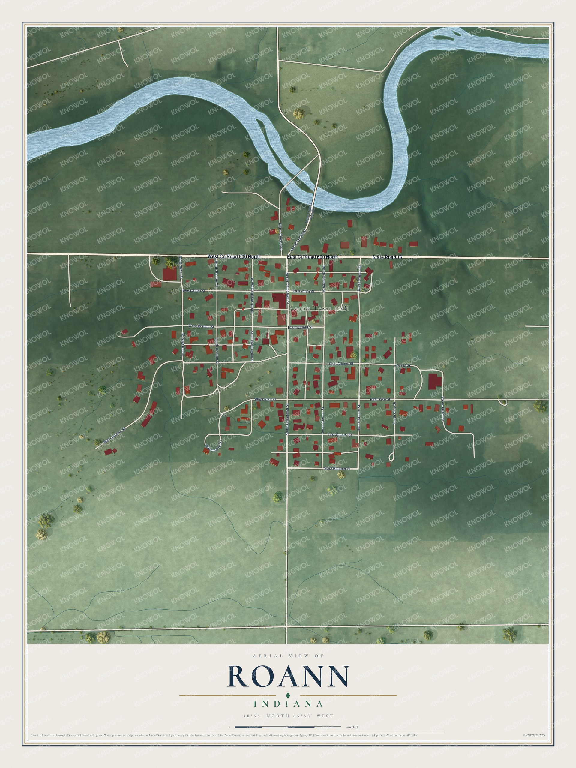 Full map of Roann, Indiana, with red buildings, printed street names and the land around them