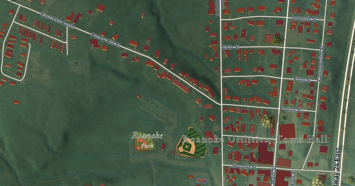 Map of Roanoke, Indiana in 2026