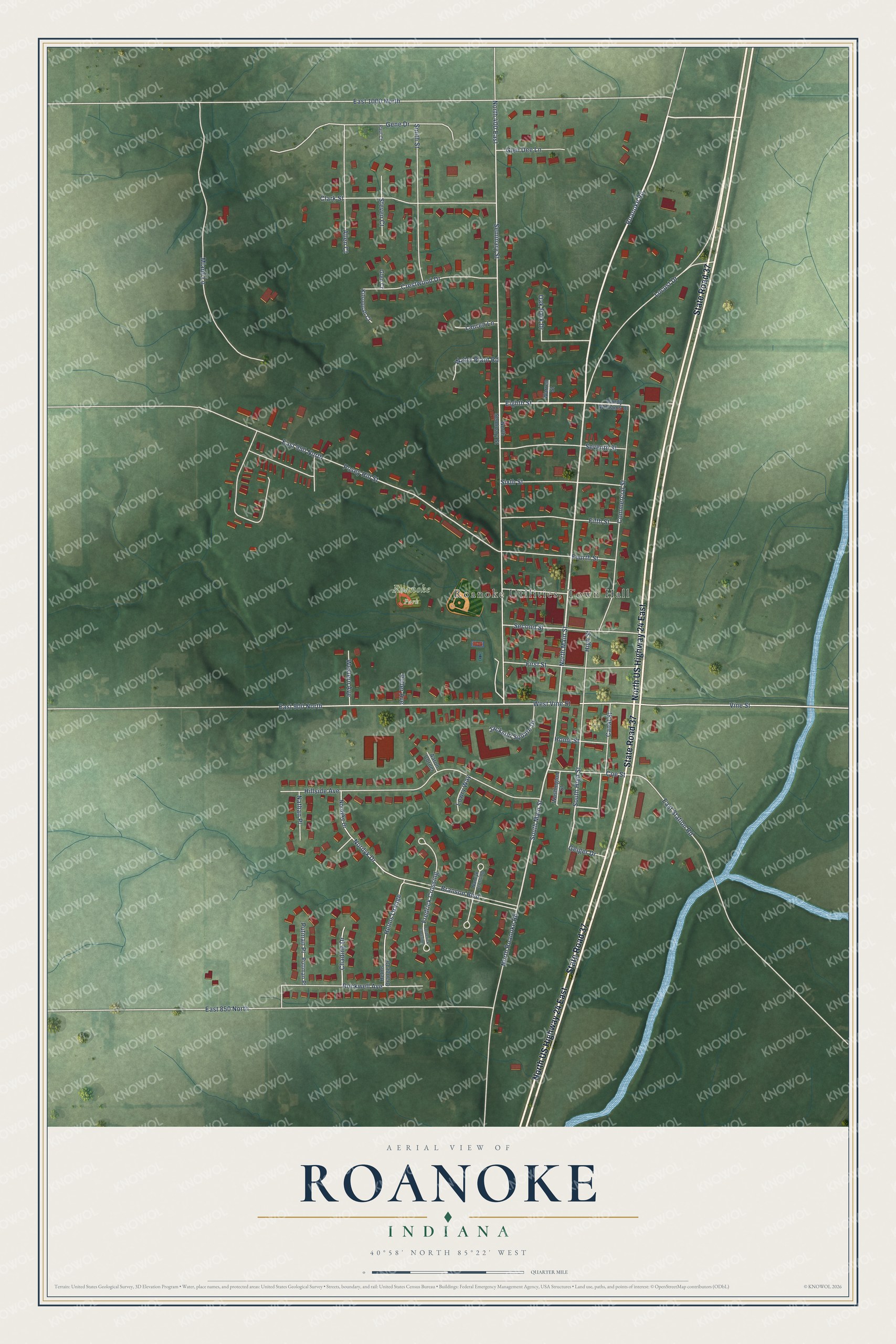 Full map of Roanoke, Indiana, with red buildings, printed street names and the land around them
