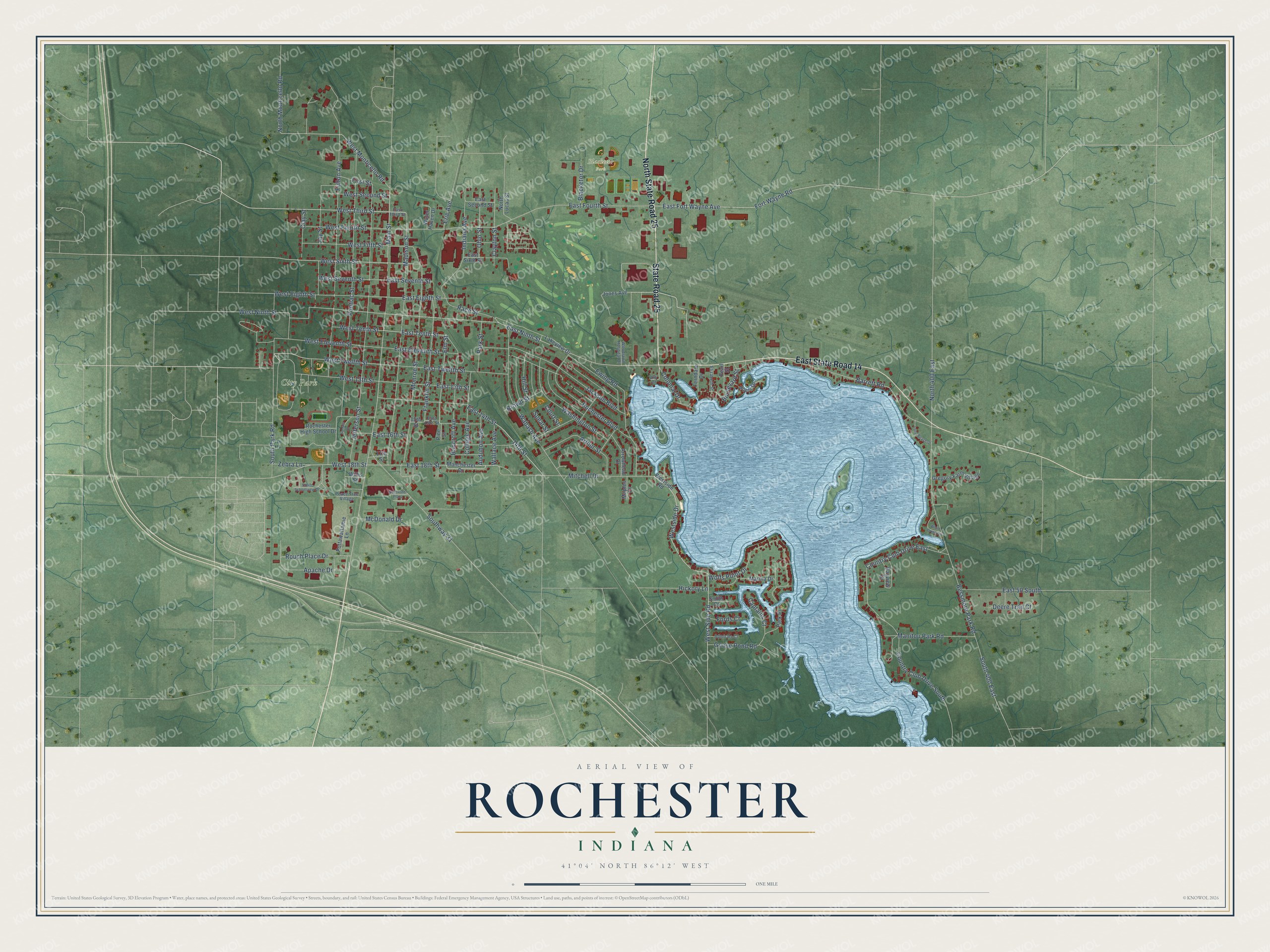 Full map of Rochester, Indiana, with red buildings, printed street names and the land around them