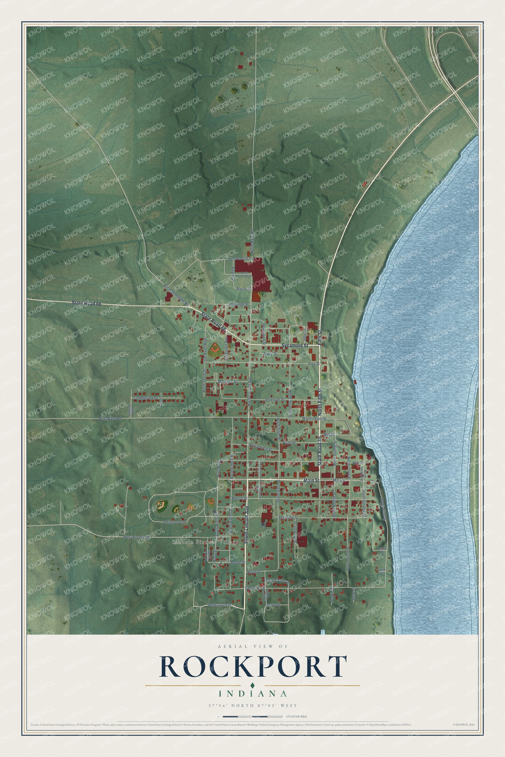 Full map of Rockport, Indiana, with red buildings, printed street names and the land around them