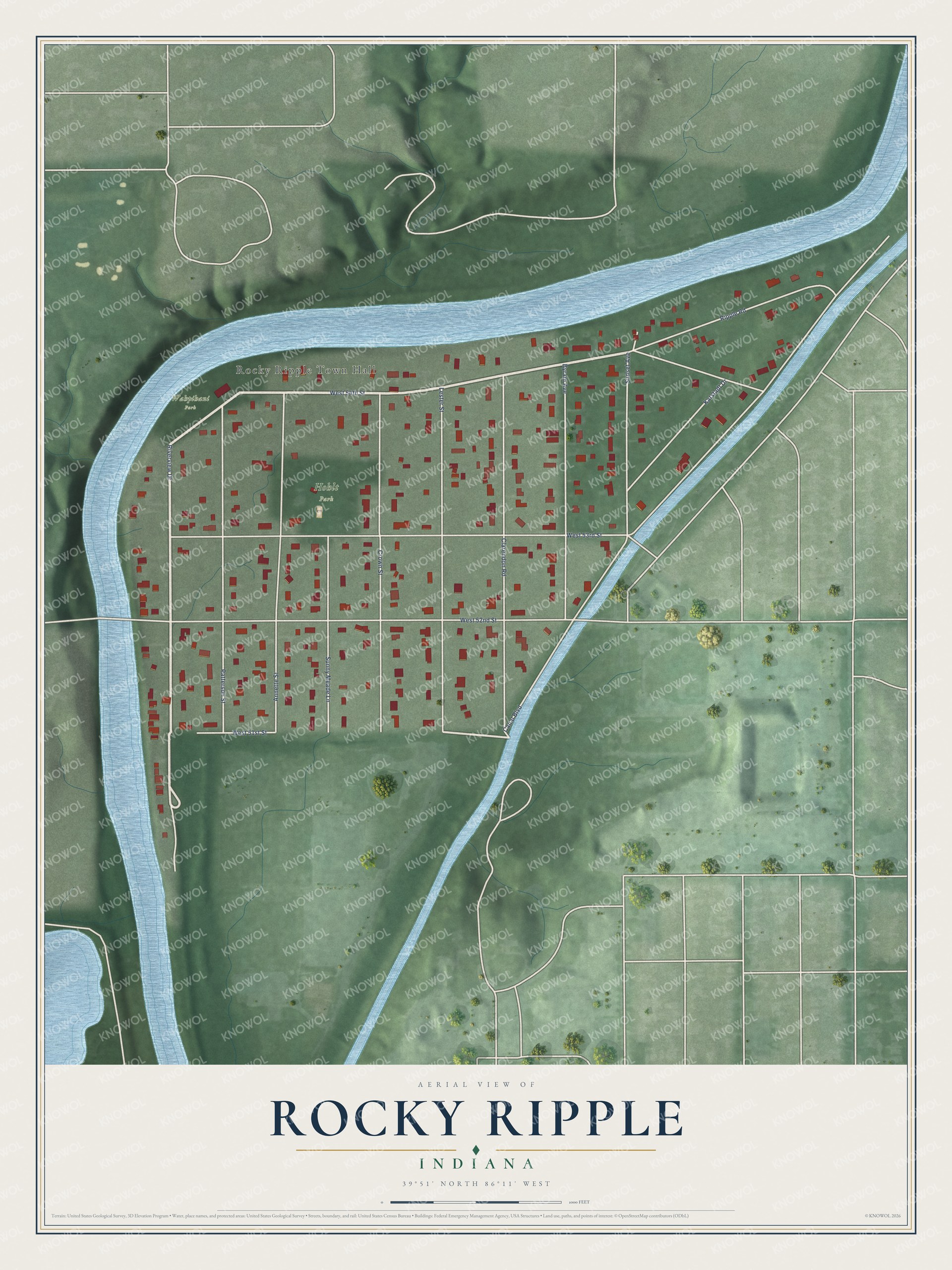 Full map of Rocky Ripple, Indiana, with red buildings, printed street names and the land around them