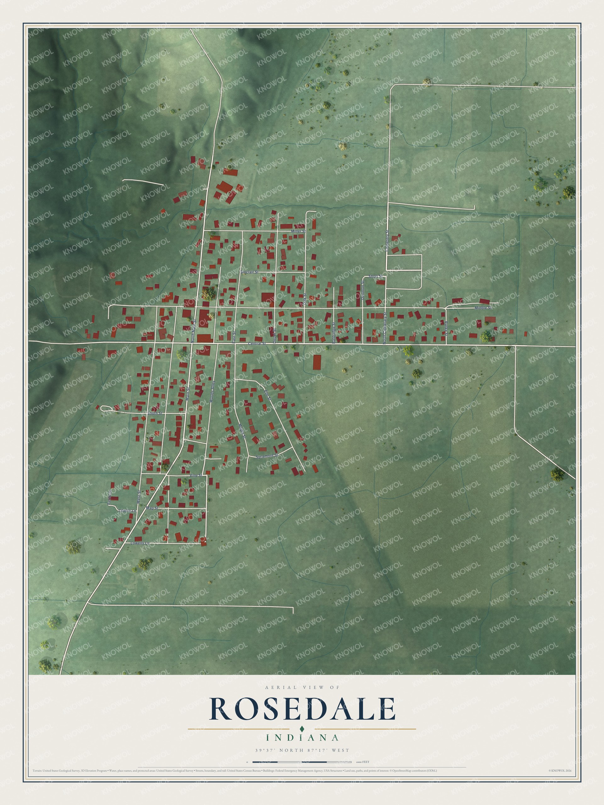 Watermarked full-map preview of Rosedale, Indiana