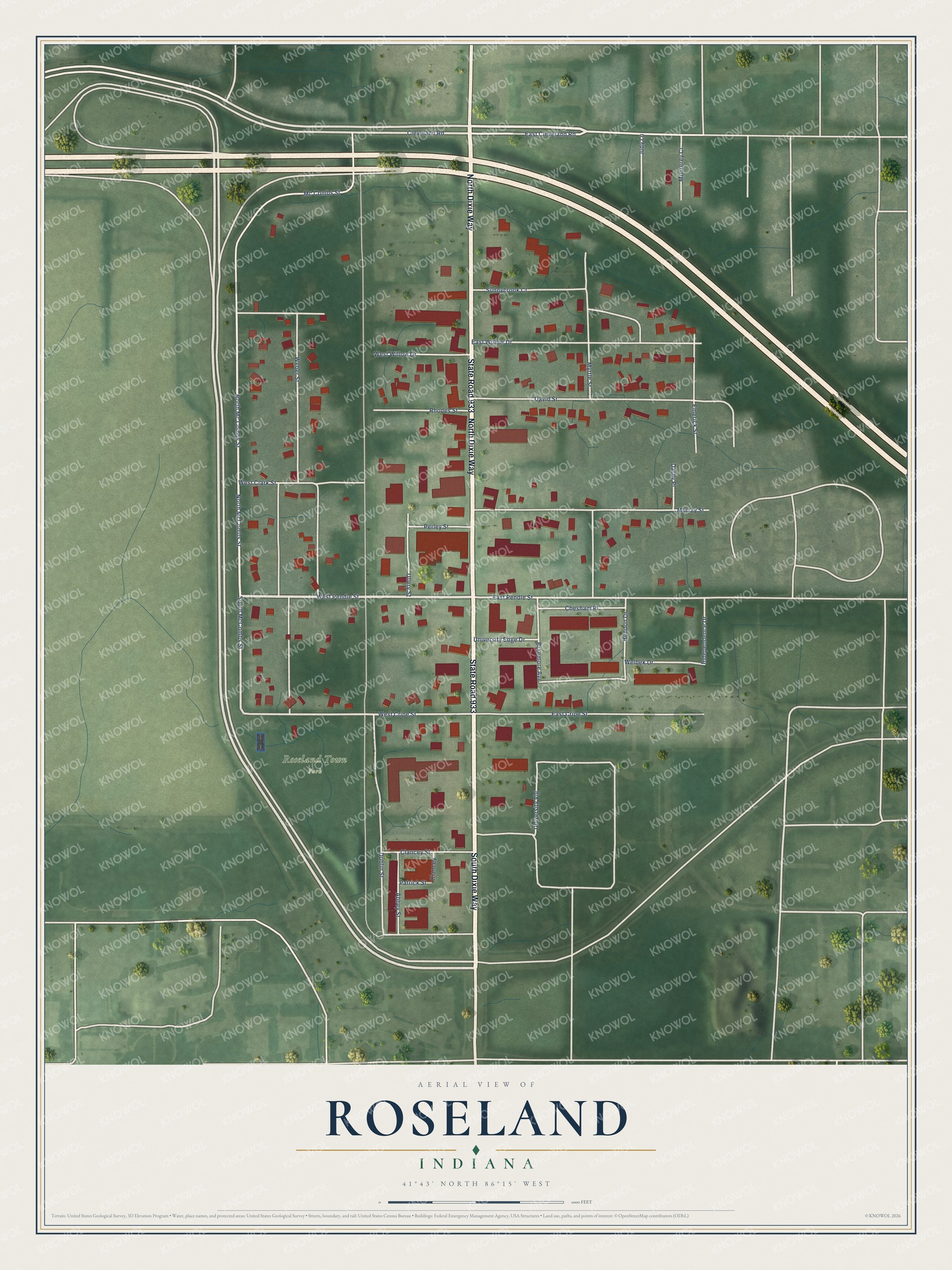Full map of Roseland, Indiana, with red buildings, printed street names and the land around them