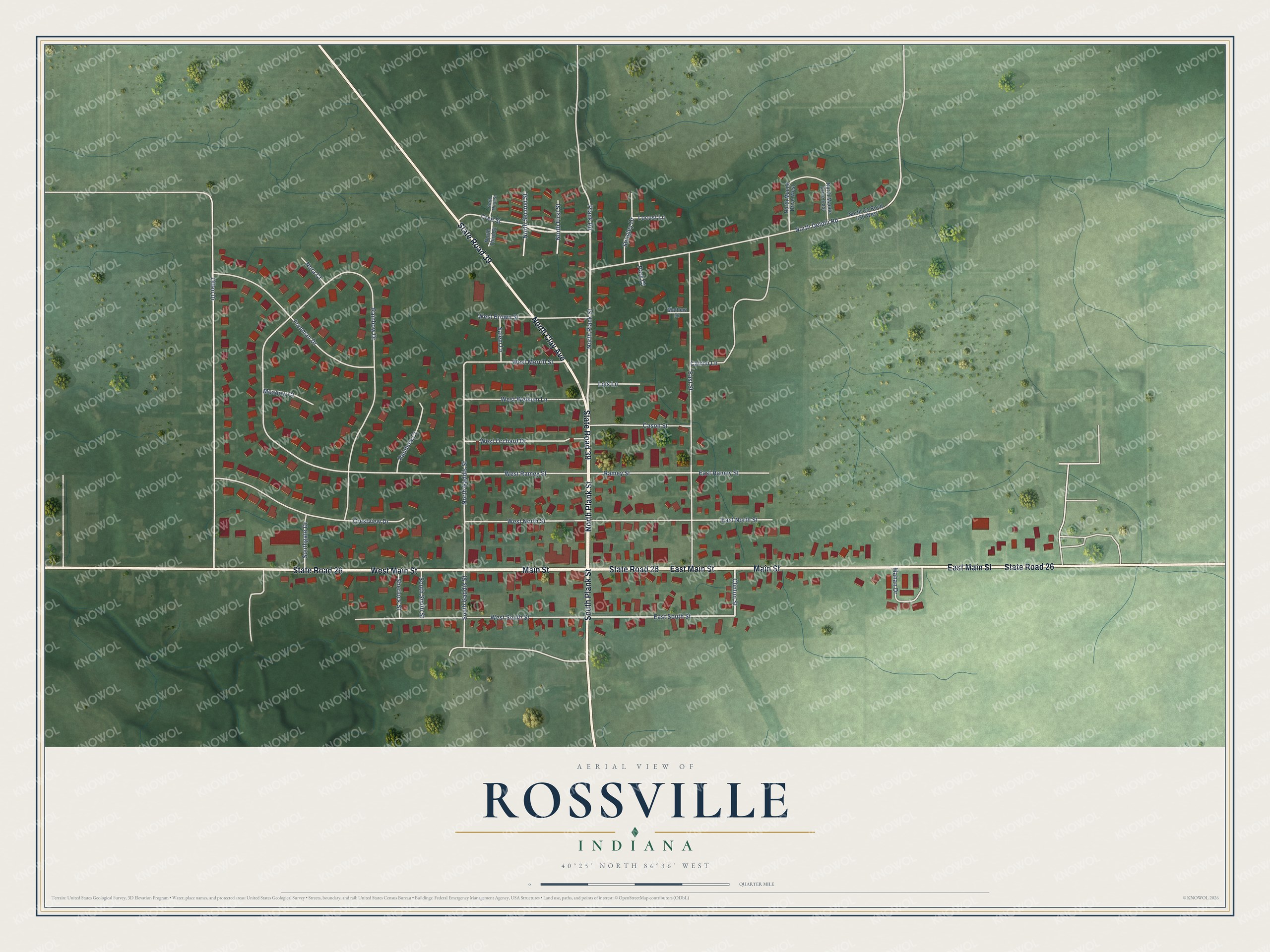 Full map of Rossville, Indiana, with red buildings, printed street names and the land around them