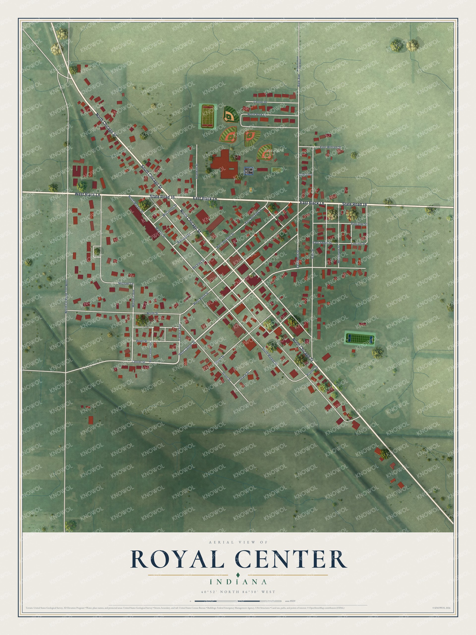 Full map of Royal Center, Indiana, with red buildings, printed street names and the land around them