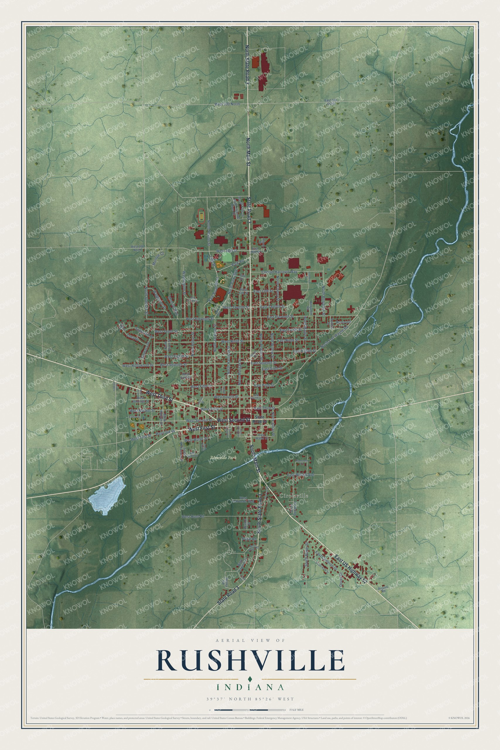 Full map of Rushville, Indiana, with red buildings, printed street names and the land around them