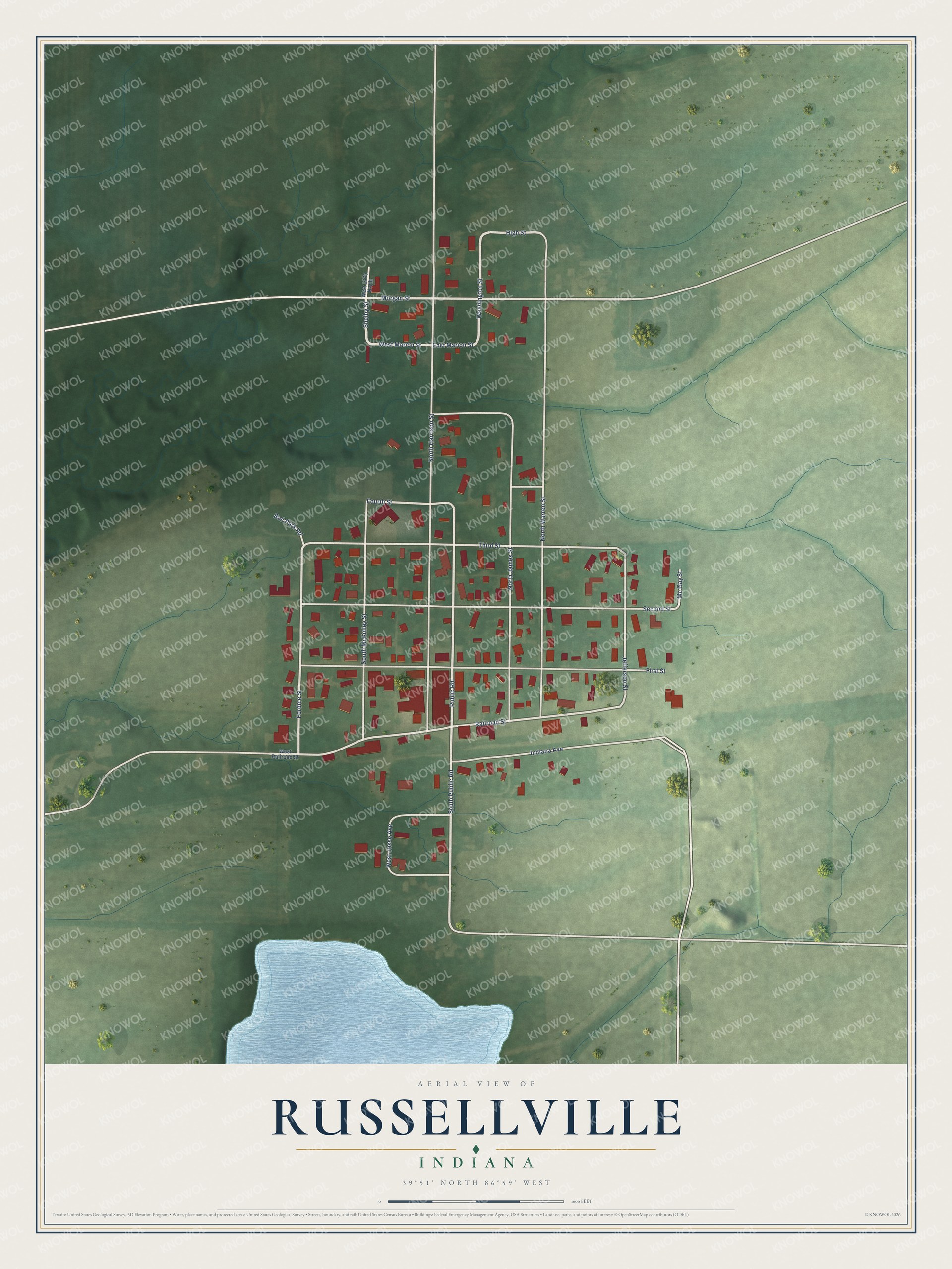 Full map of Russellville, Indiana, with red buildings, printed street names and the land around them