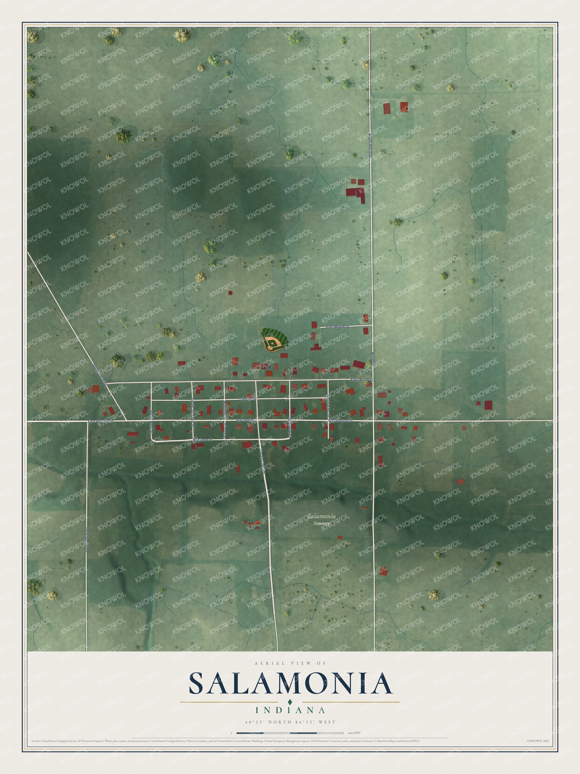 Full map of Salamonia, Indiana, with red buildings, printed street names and the land around them