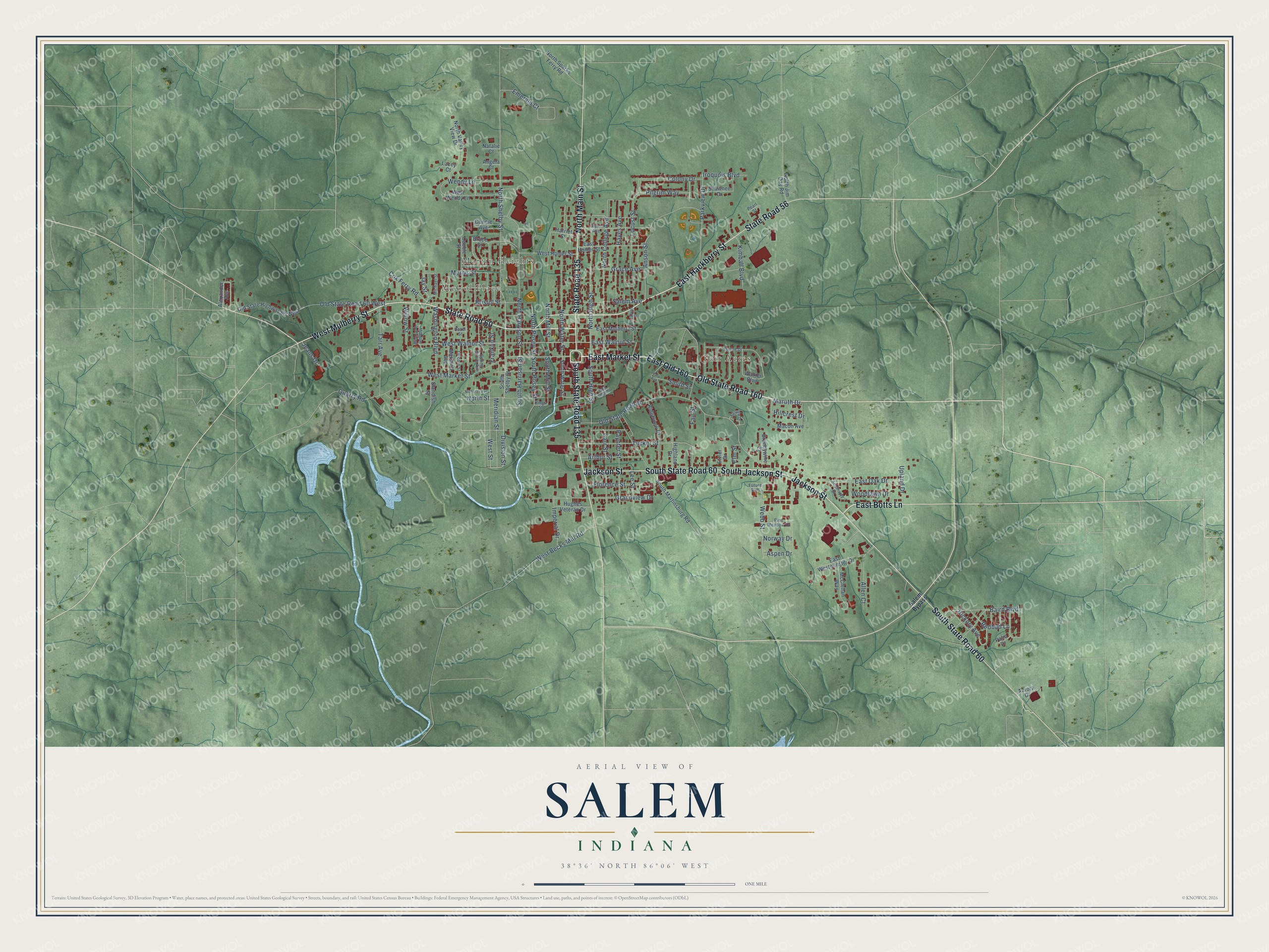 Full map of Salem, Indiana, with red buildings, printed street names and the land around them