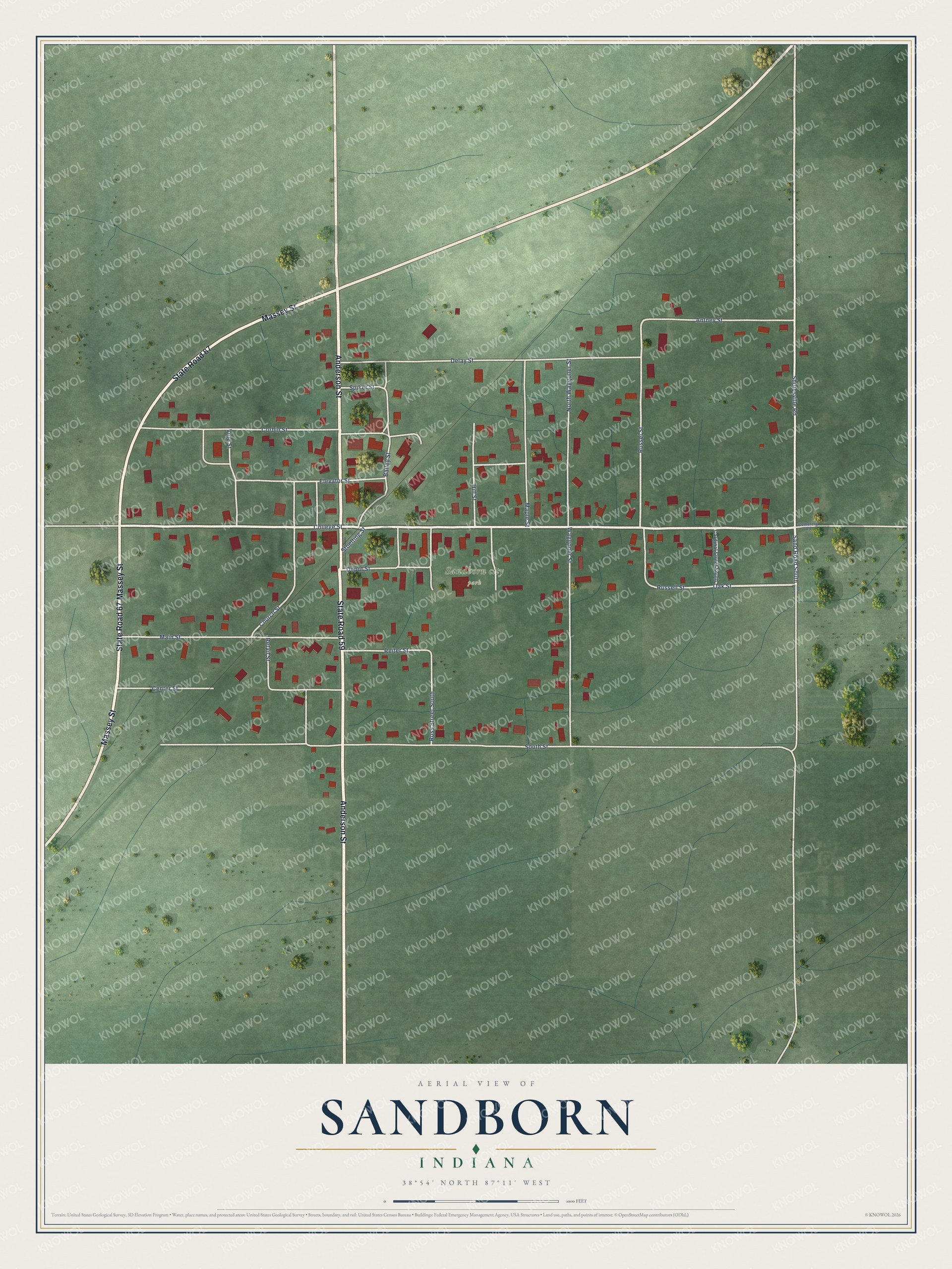 Full map of Sandborn, Indiana, with red buildings, printed street names and the land around them