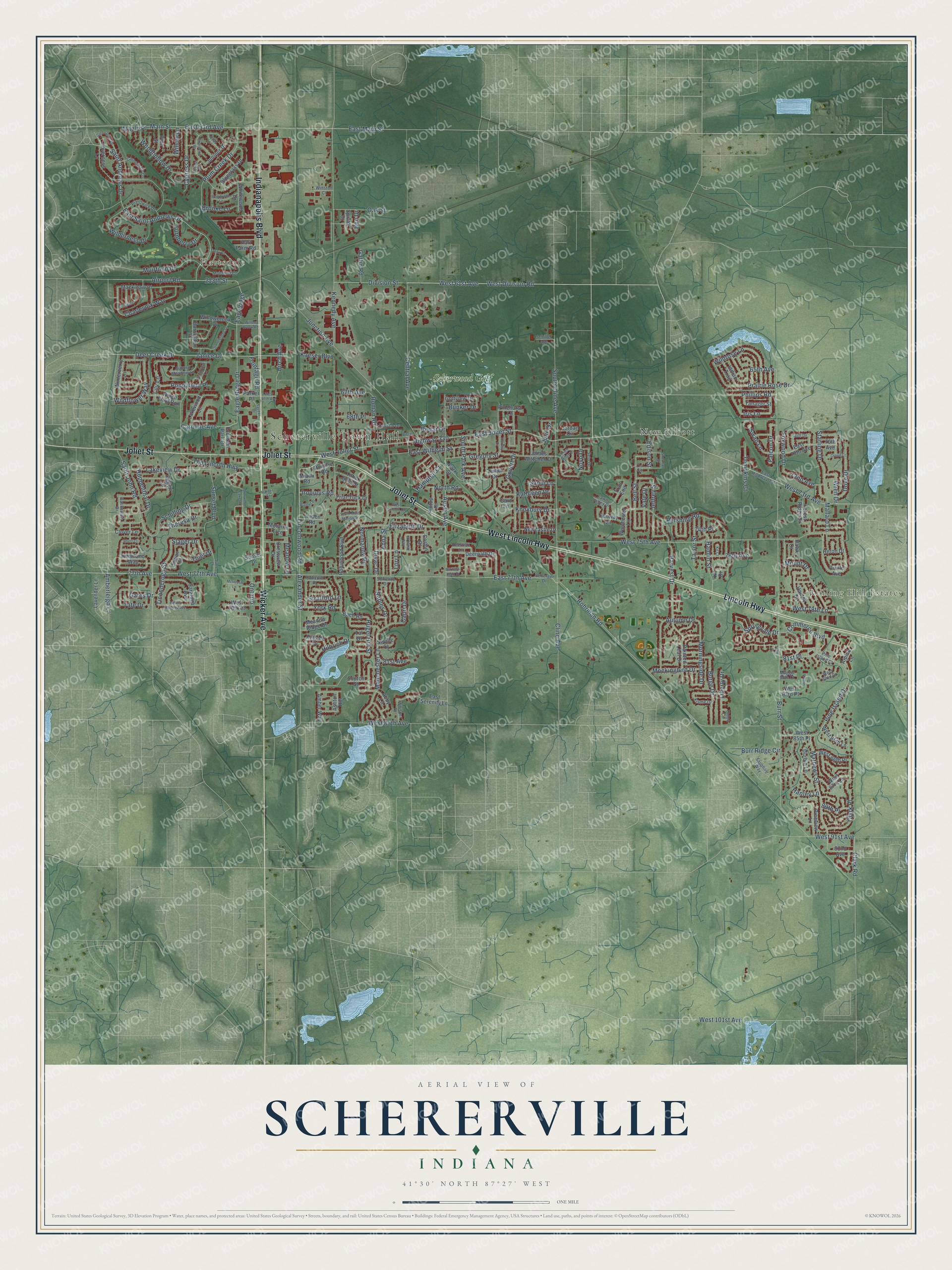 Full map of Schererville, Indiana, with red buildings, printed street names and the land around them