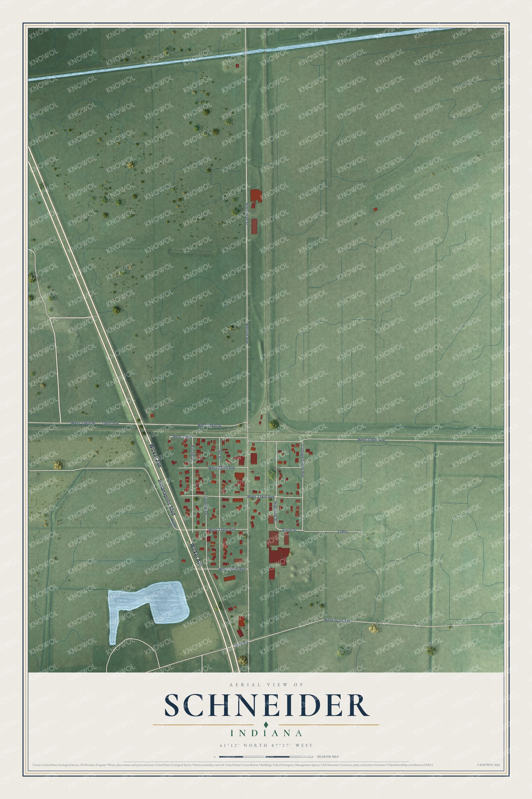 Full map of Schneider, Indiana, with red buildings, printed street names and the land around them