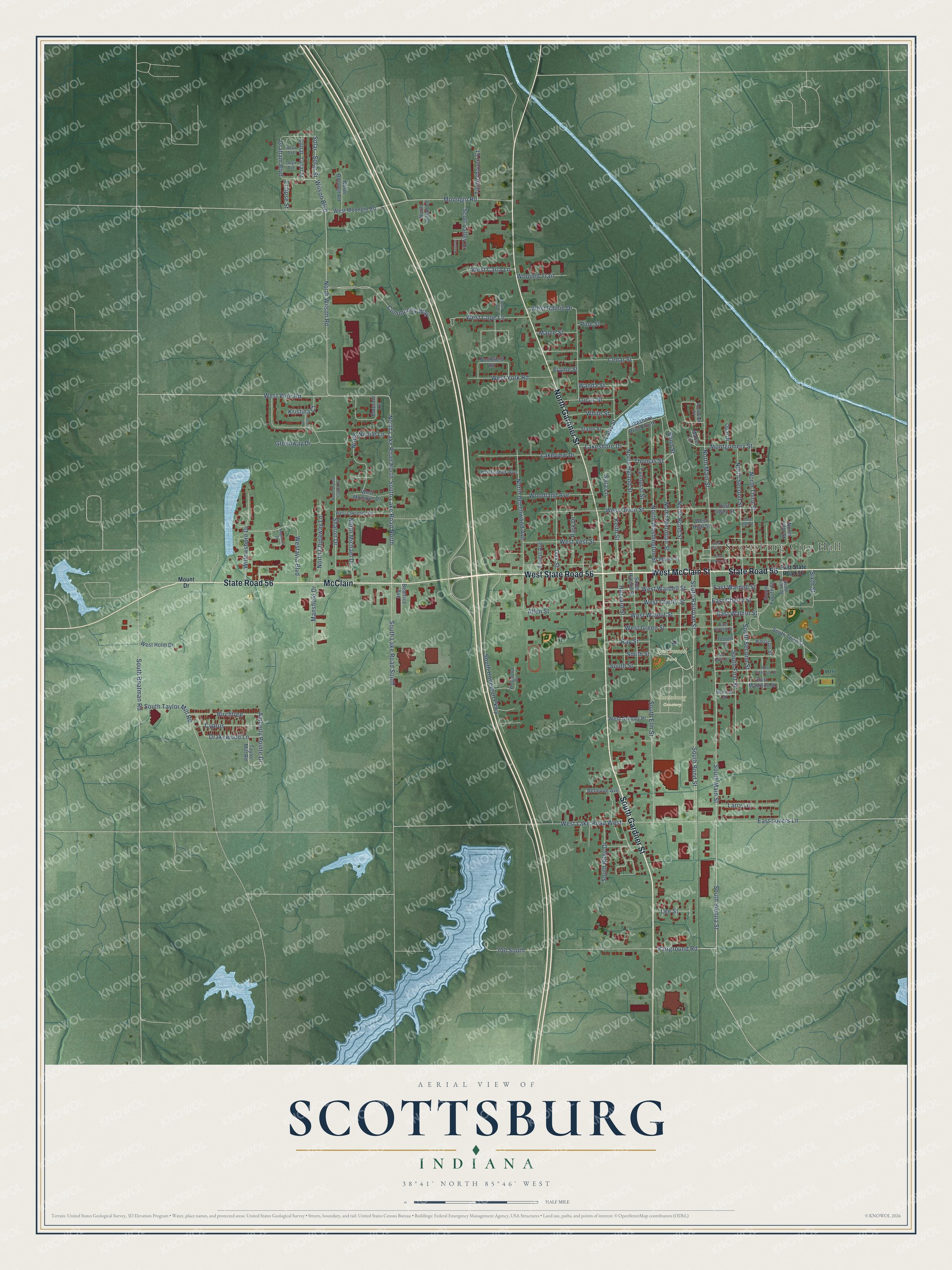 Full map of Scottsburg, Indiana, with red buildings, printed street names and the land around them