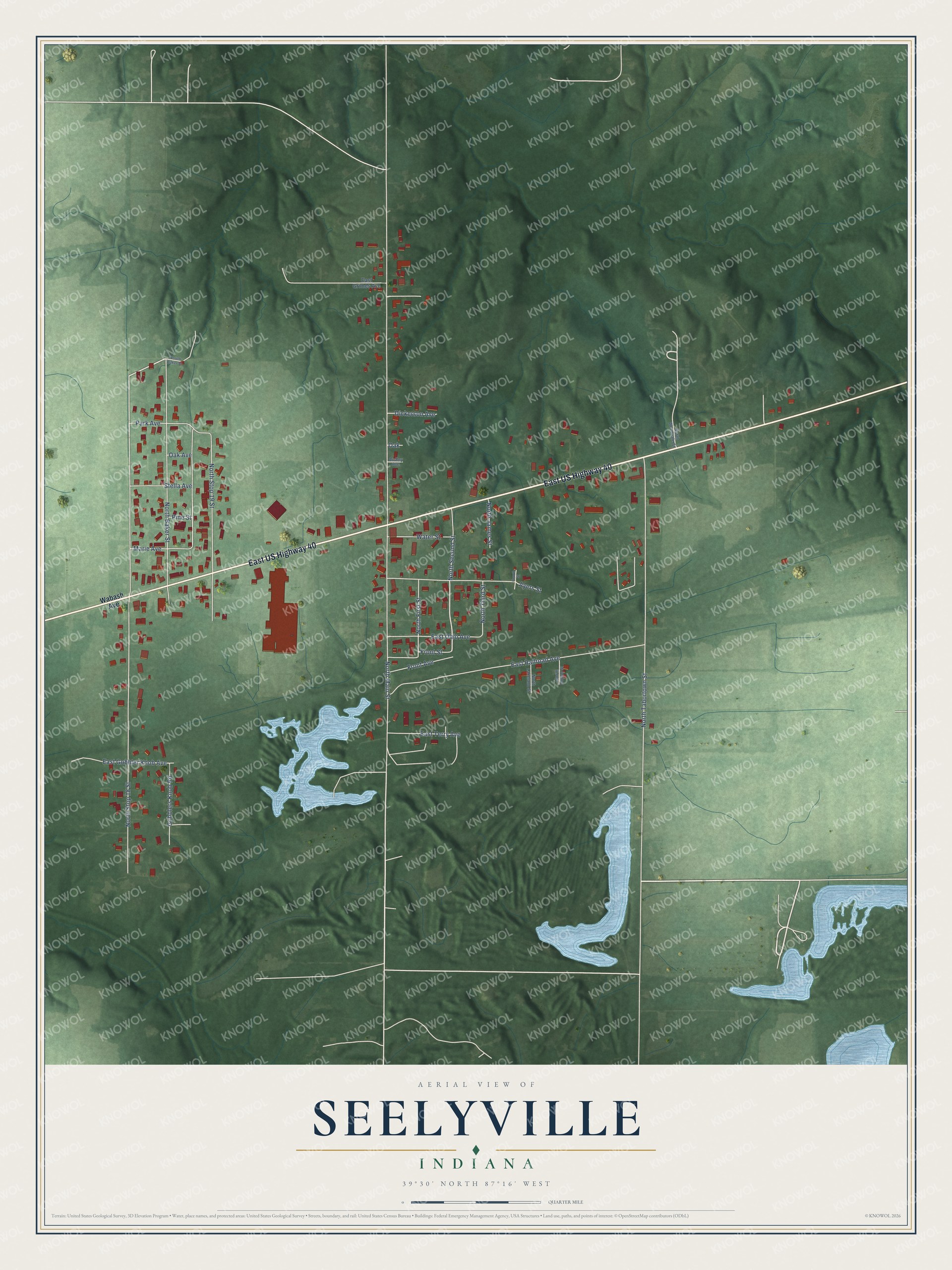 Full map of Seelyville, Indiana, with red buildings, printed street names and the land around them