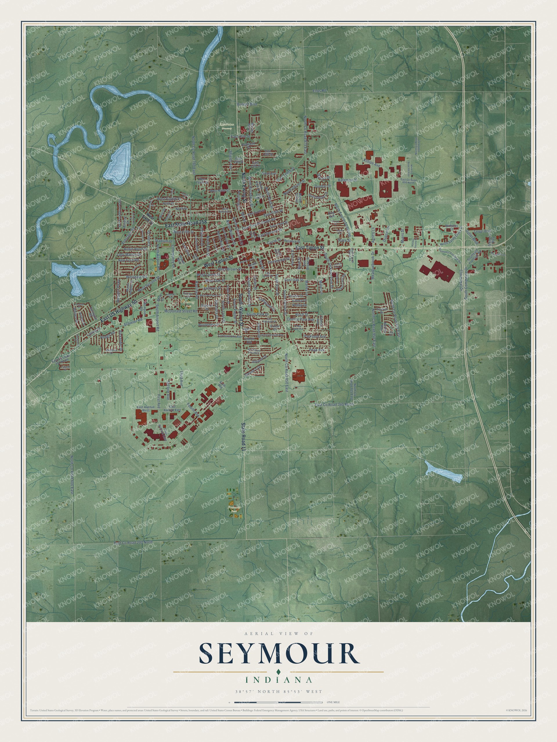Full map of Seymour, Indiana, with red buildings, printed street names and the land around them