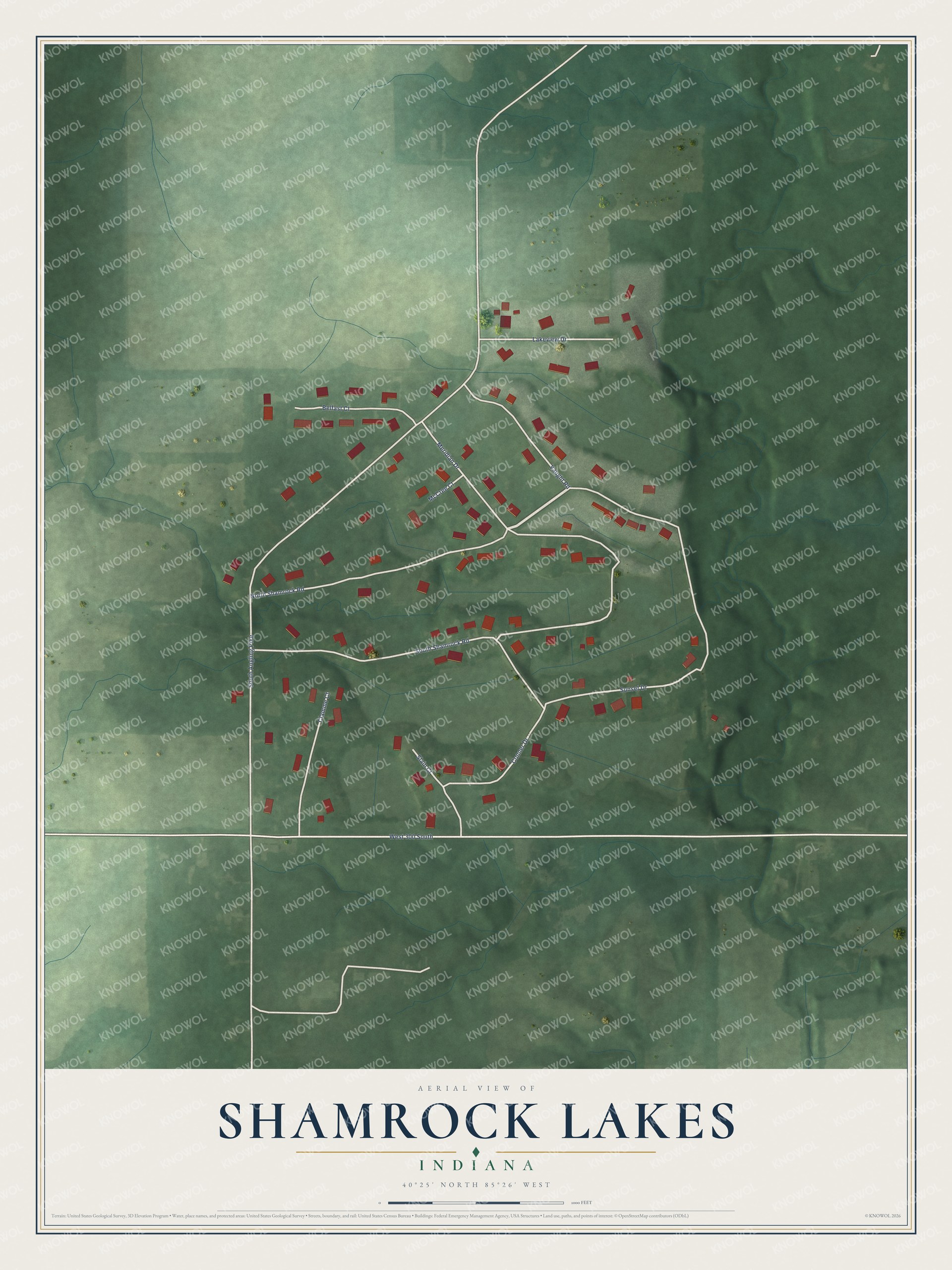 Full map of Shamrock Lakes, Indiana, with red buildings, printed street names and the land around them