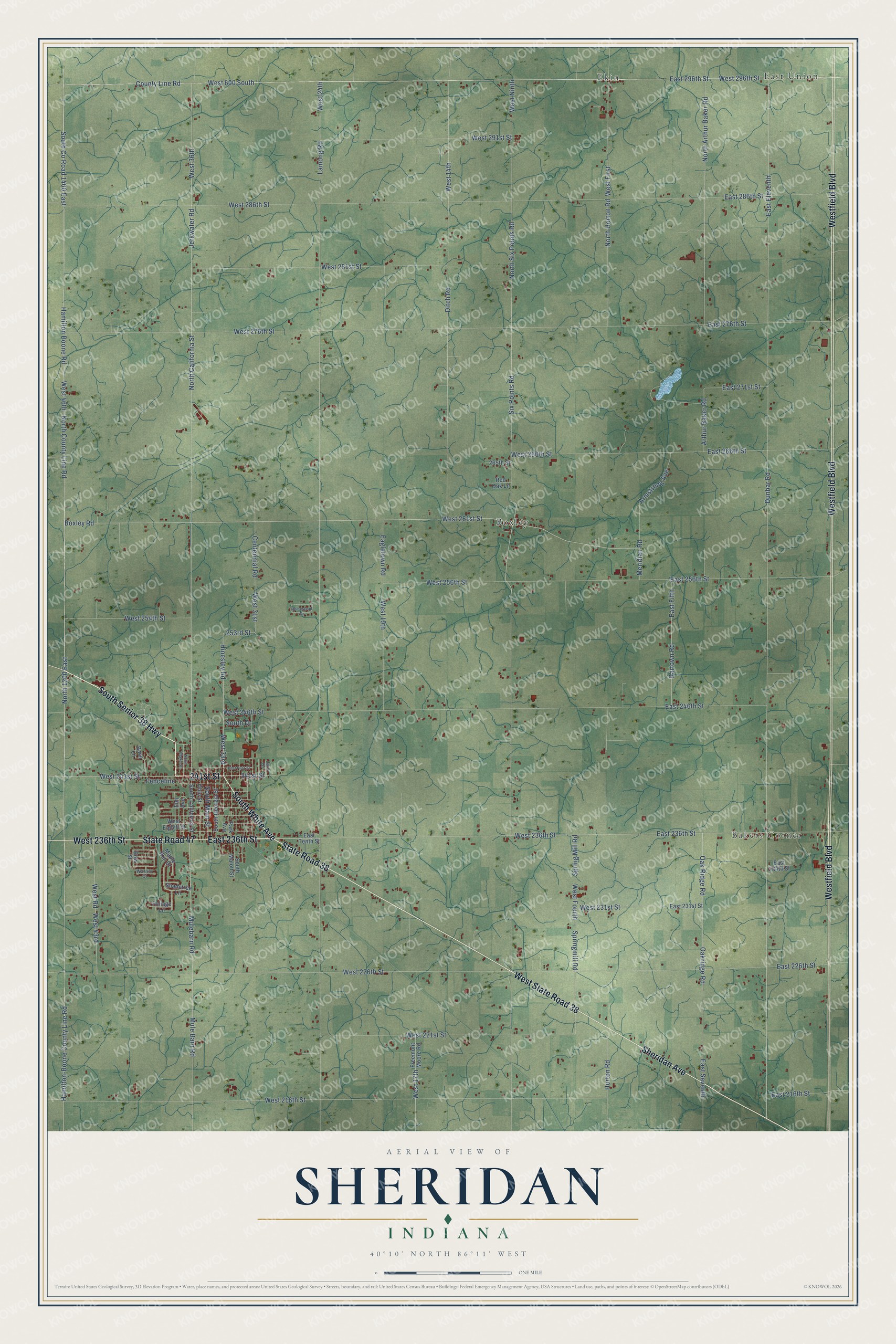 Full map of Sheridan, Indiana, with red buildings, printed street names and the land around them