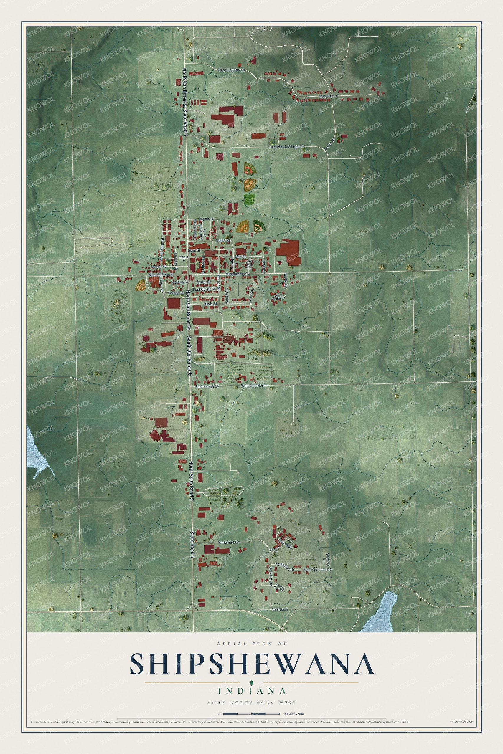 Full map of Shipshewana, Indiana, with red buildings, printed street names and the land around them