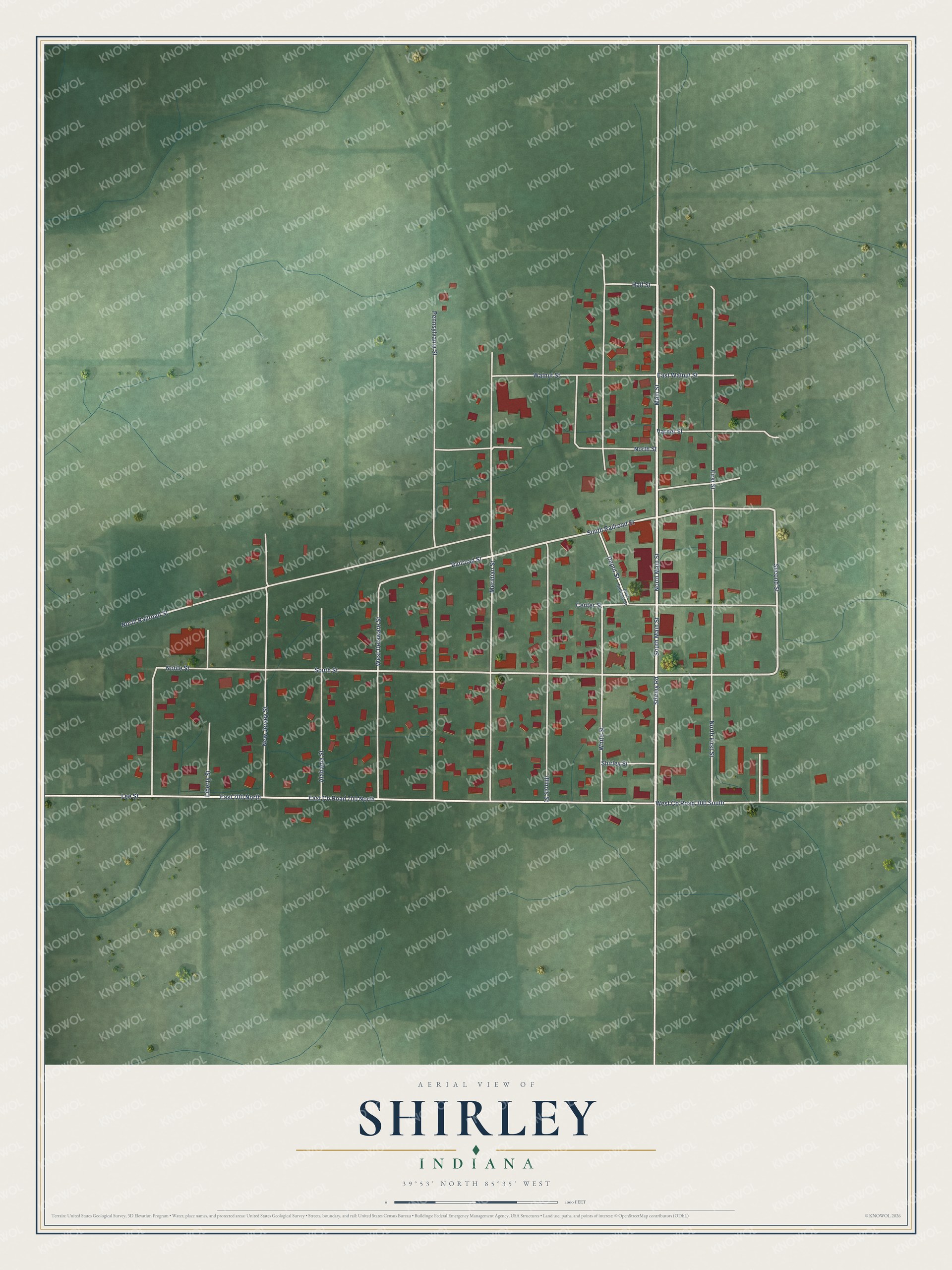 Full map of Shirley, Indiana, with red buildings, printed street names and the land around them