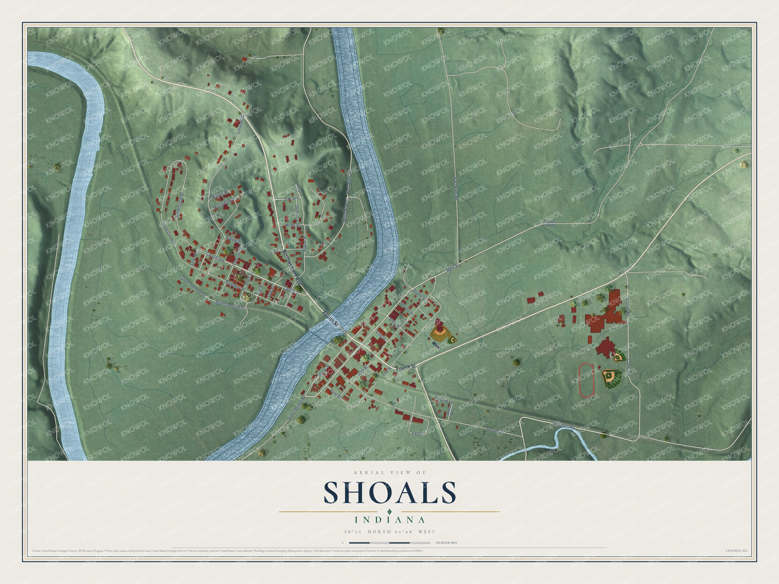 Full map of Shoals, Indiana, with red buildings, printed street names and the land around them