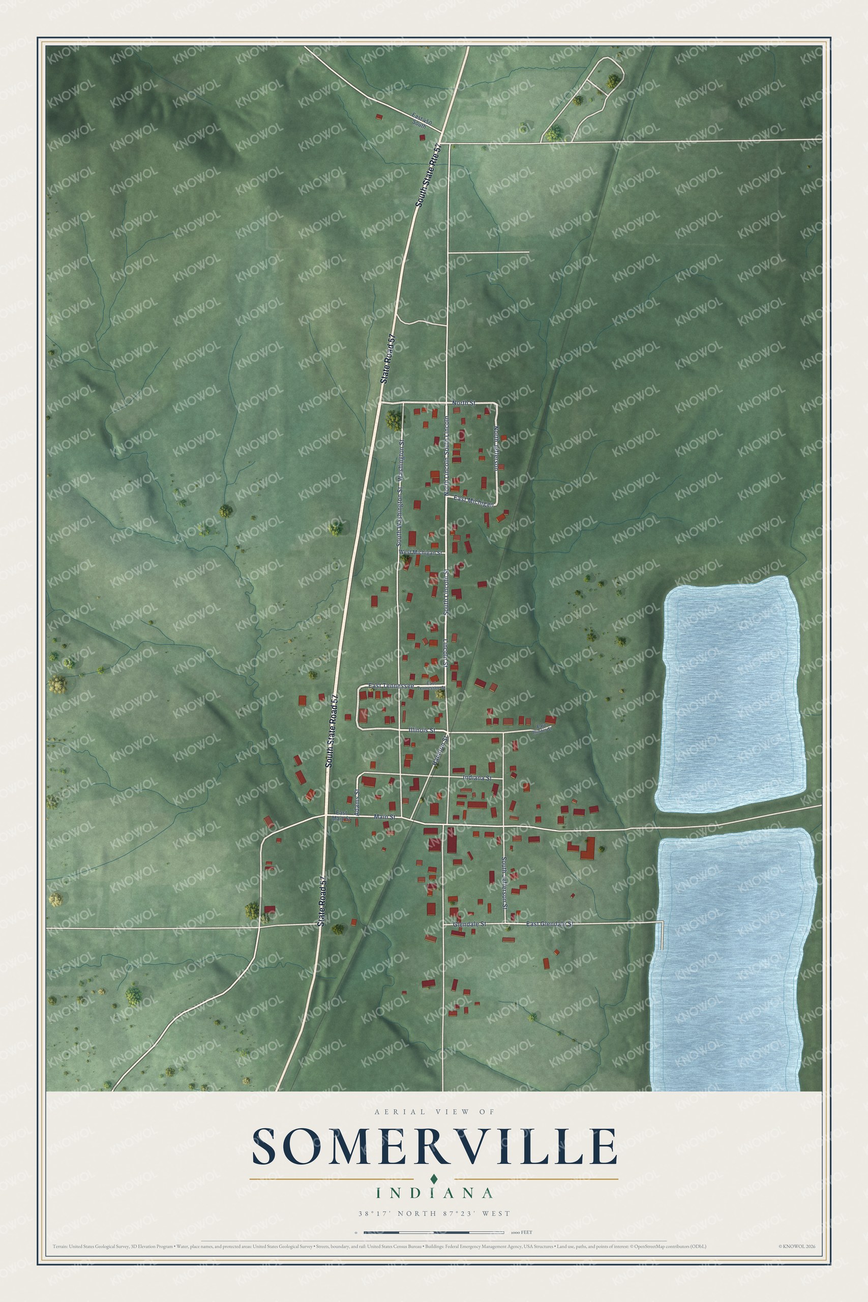 Full map of Somerville, Indiana, with red buildings, printed street names and the land around them