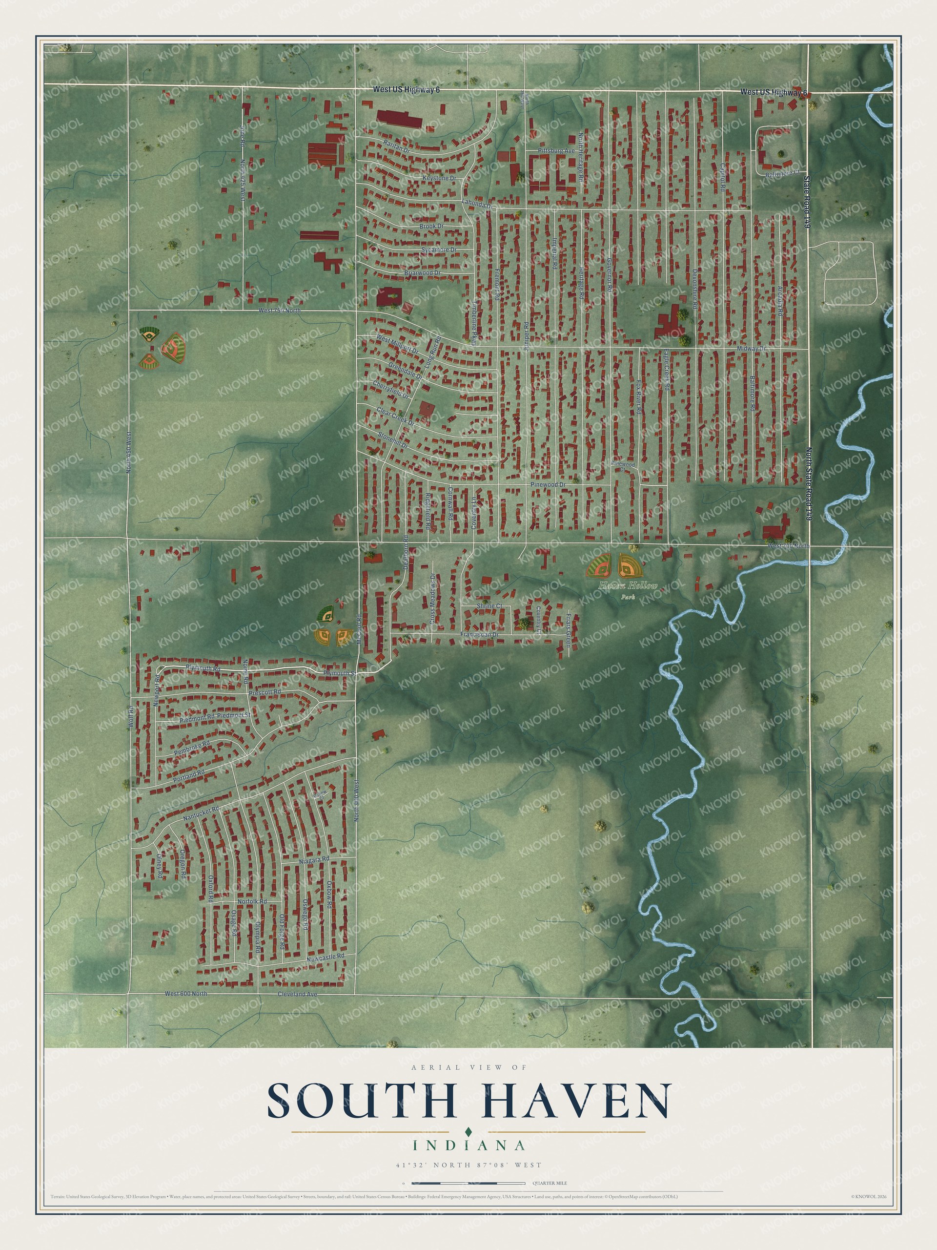 Full map of South Haven, Indiana, with red buildings, printed street names and the land around them